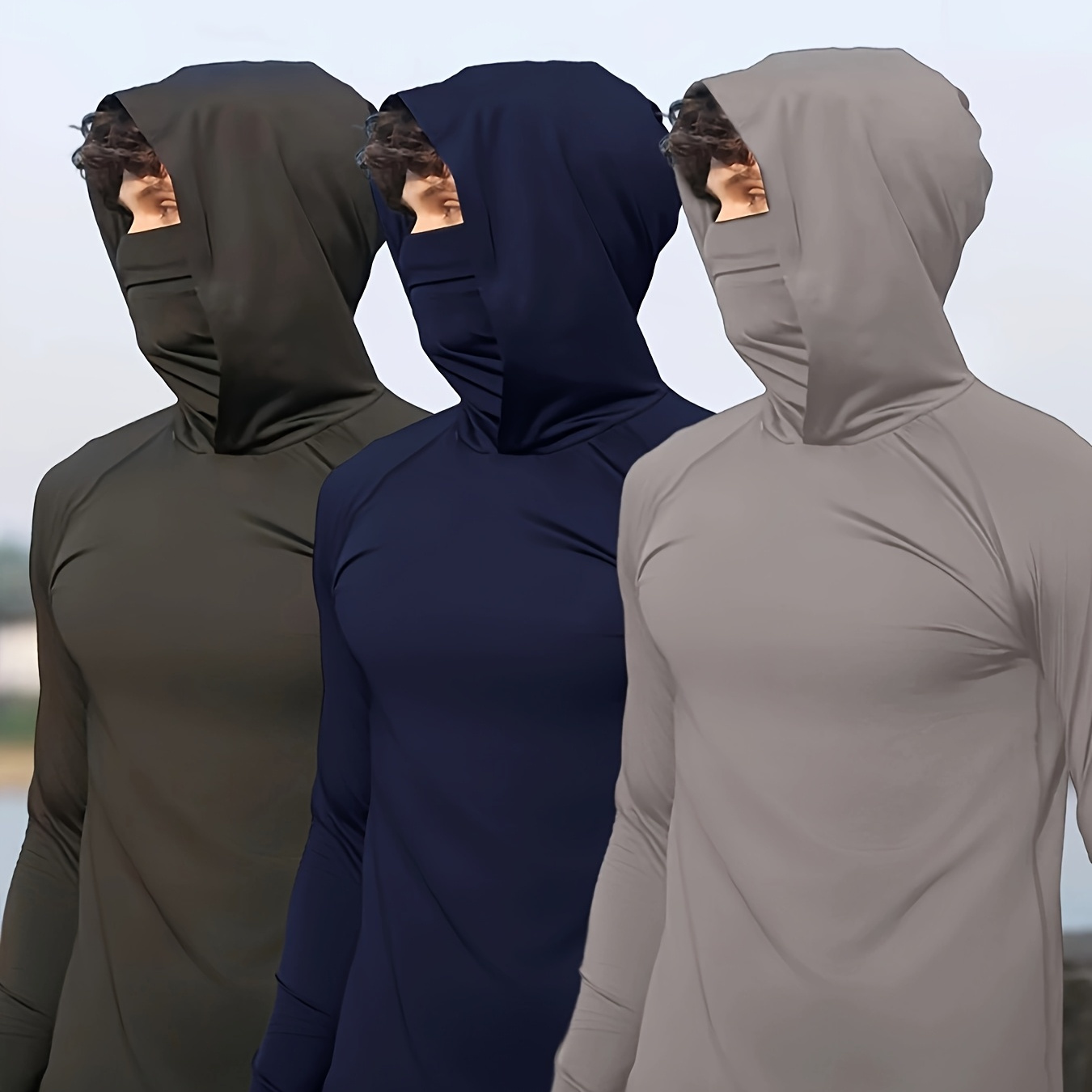 

3pcs Men's Athletic Hoodies - Solid Color, High Stretch & Moisture-wicking, Uv Protection For Outdoor, Fishing & Gym