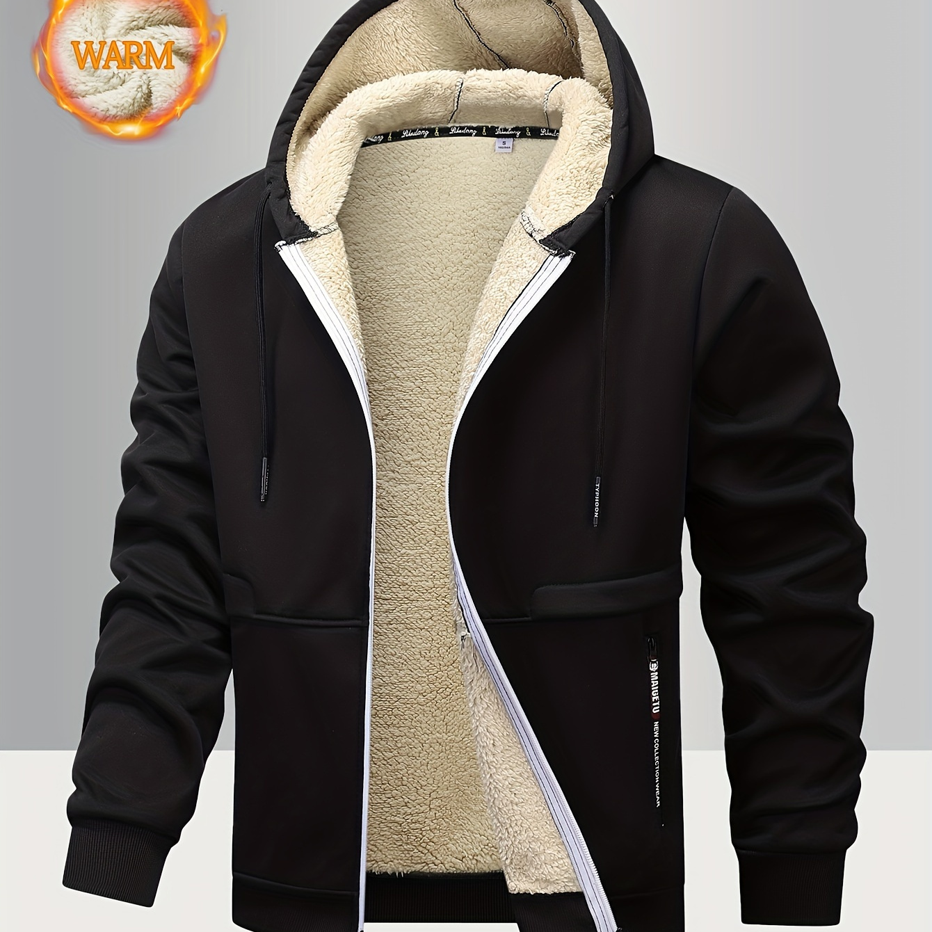 

Men's Casual Hooded Fleece-lined Jacket - Polyester Knit Fabric, Loose Fit, Zipper Closure, Fleece , Hood With Drawstring, Alphabet Pattern, Warm Outerwear For Fall/winter