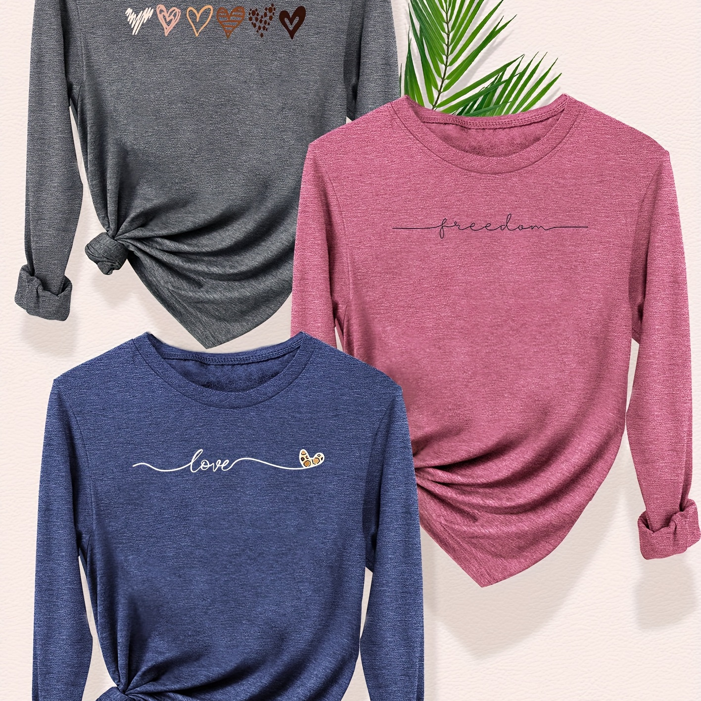 

Women's Casual Long Sleeve T-shirts With Heart & Letter Print, Polyester Knit Fabric, Crew Neck, Slight Stretch, Fashionable Vintage-, Multiple Colors, Sizes S-xxl