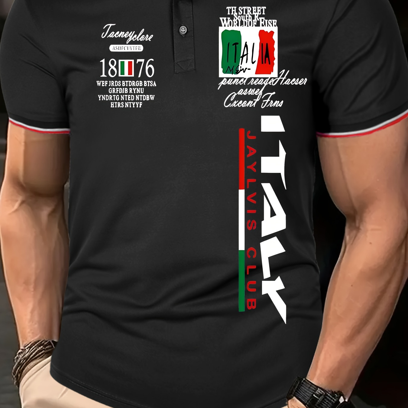 

Italy Flag & Creative Letters Print Men's Trendy Henley T-shirt, Fashion Short Sleeve Casual Golf Tee, Comfy Breathable Lapel Business Top For Spring Summer Tennis Outdoor Activities Holiday As Gifts