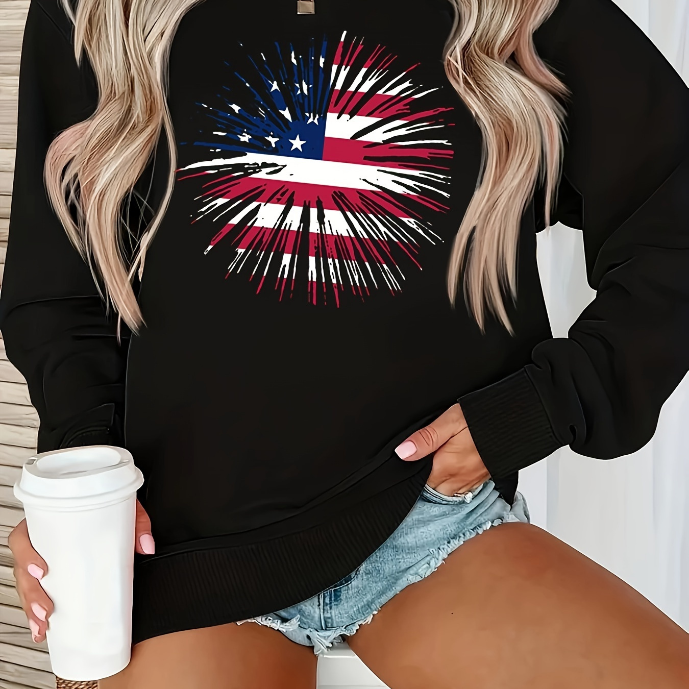 

Plus Size American Flag Firework Print Sweatshirt, Crew Neck Long Sleeve Casual Sweatshirt For Fall & Spring, Women's Plus Size Clothing