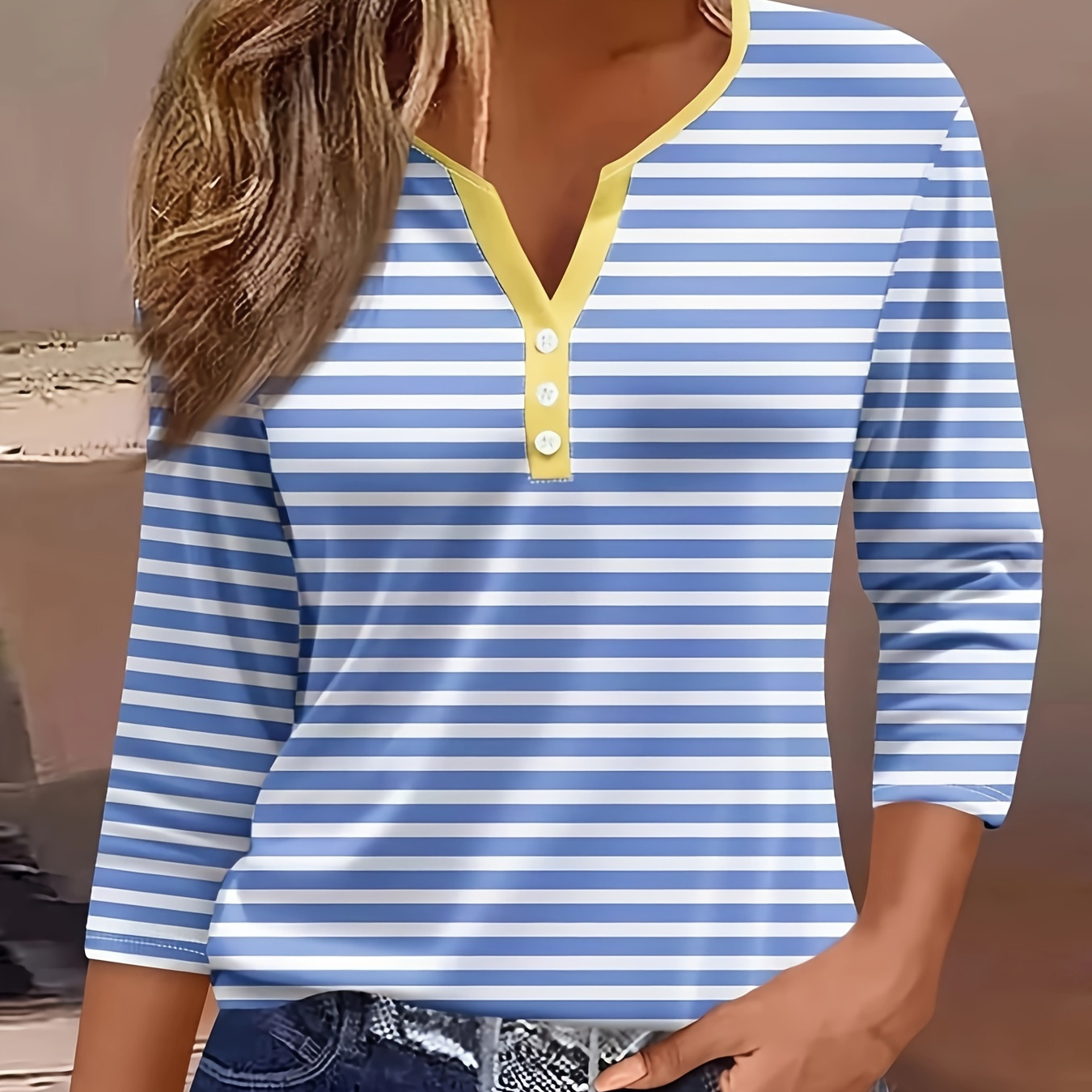 

Cozy Knit, Women's Casual Striped T-shirt, Long Sleeve V-neck With Spandex , Relaxed Fit, Machine Washable