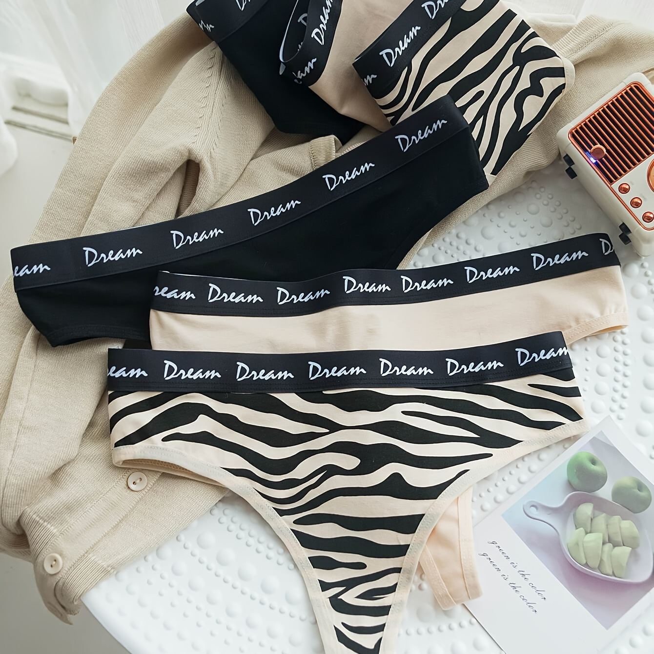 

6pcs Letter Print Trim Zebra Pattern Seamless Thongs, Sexy Comfy Breathable Stretchy Intimates Panties, Women's Lingerie & Underwear