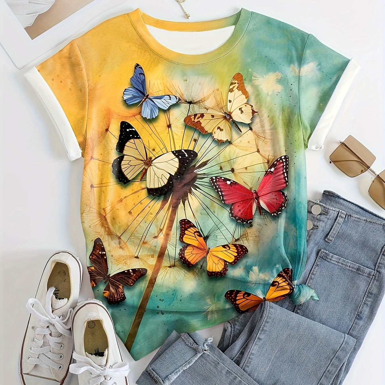 

T-shirt à col rond imprimé papillon, top décontracté à manches courtes pour le printemps et l'été, vêtements pour femmes