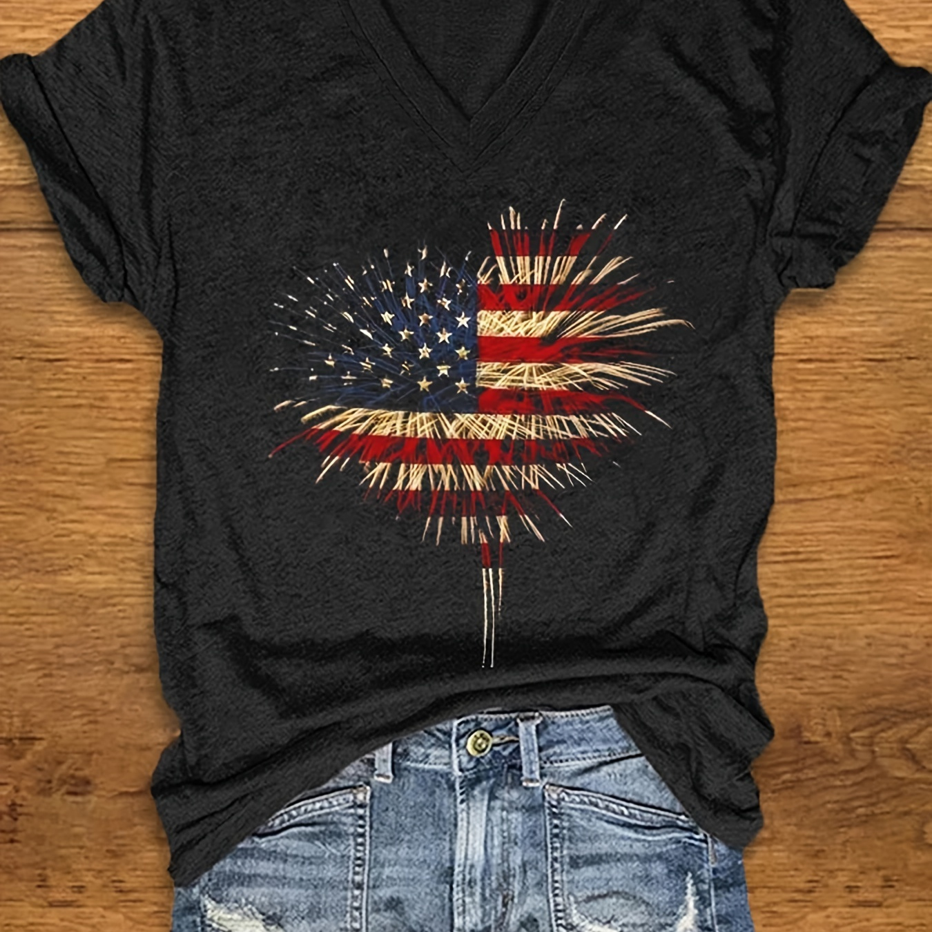 

Flag Print V Neck T-shirt, Casual Short Sleeve T-shirt For Spring & Summer, Women's Clothing