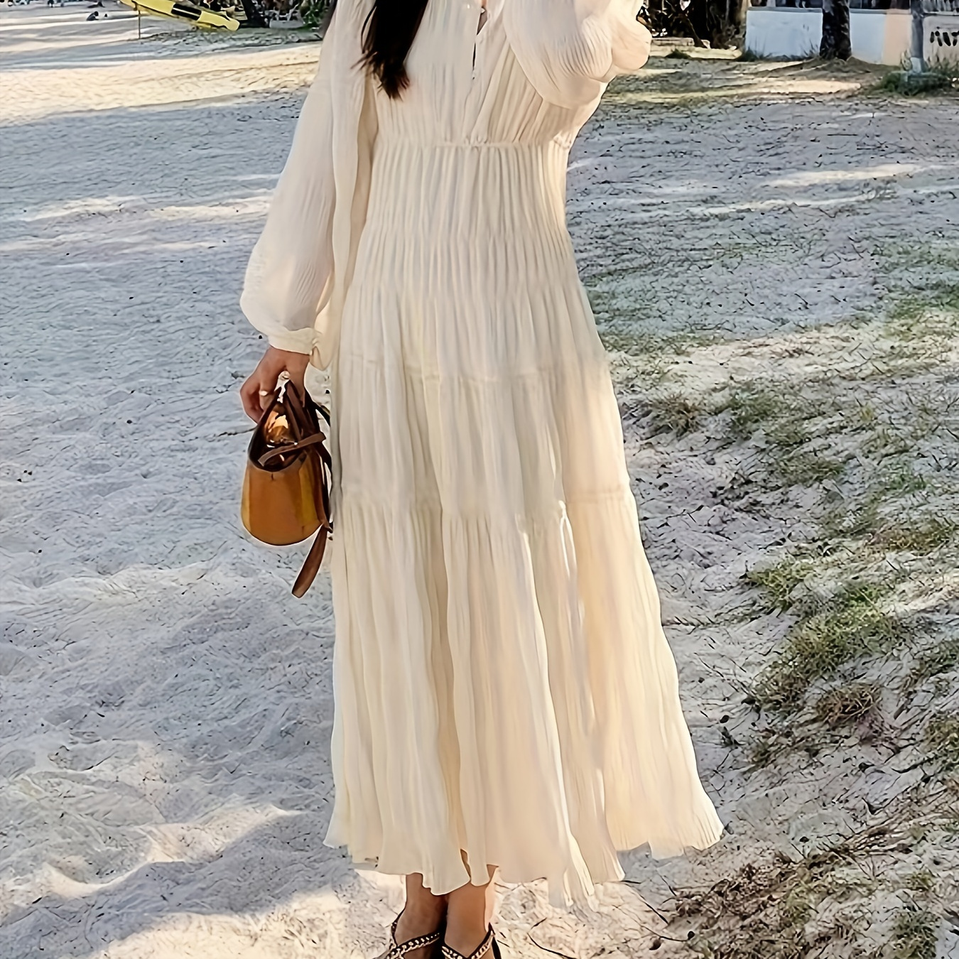 

Crew Neck Solid Loose Dress, Elegant Long Sleeve Dress For Spring & Fall, Women's Clothing
