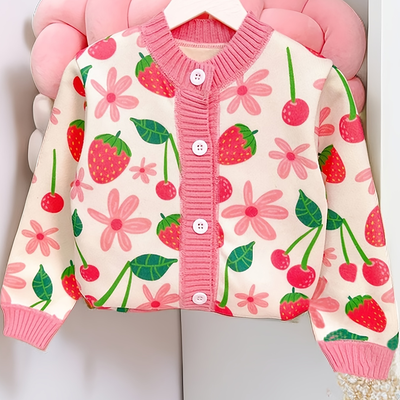 

Girls Flower And Fruit Pattern Button Down Knitted Sweater Cardigan For Sweet And Adorable Look!