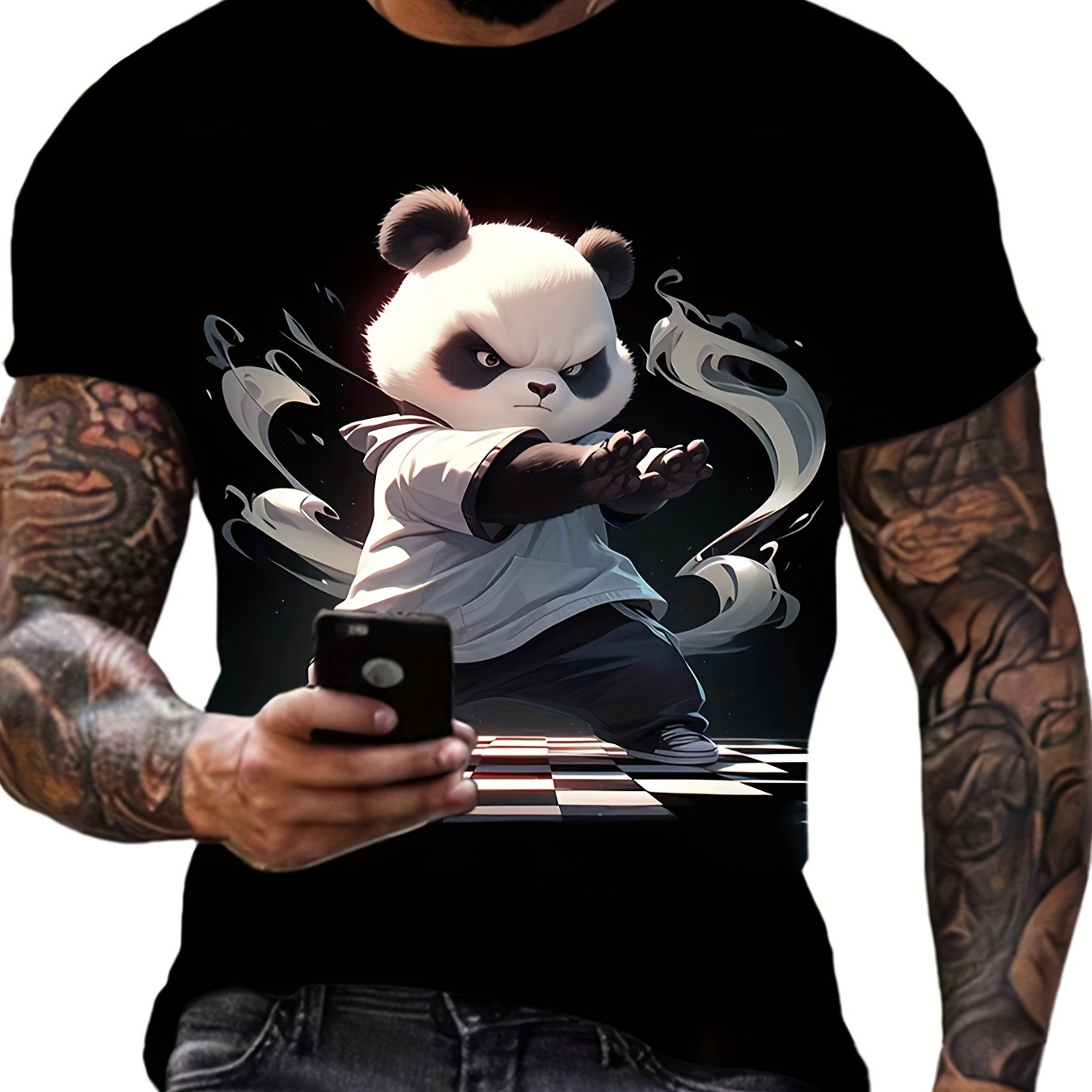 

3d Digital Cartoon Style Panda Pattern Crew Neck And Short Sleeve T-shirt, Stylish And Chic Tops For Men's Summer Street Wear