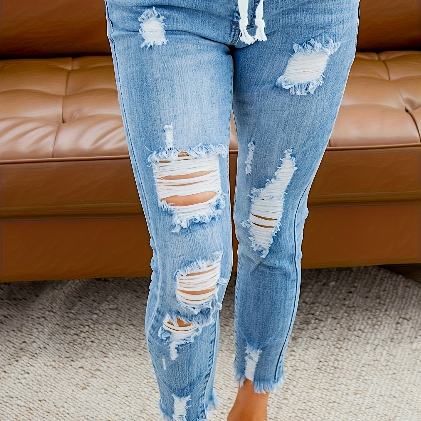 

Women's Plus Size Distressed Drawstring Waist Cropped Jeans, Frayed Hem Vintage Stretch Street Style Denim Pants, Casual Fit