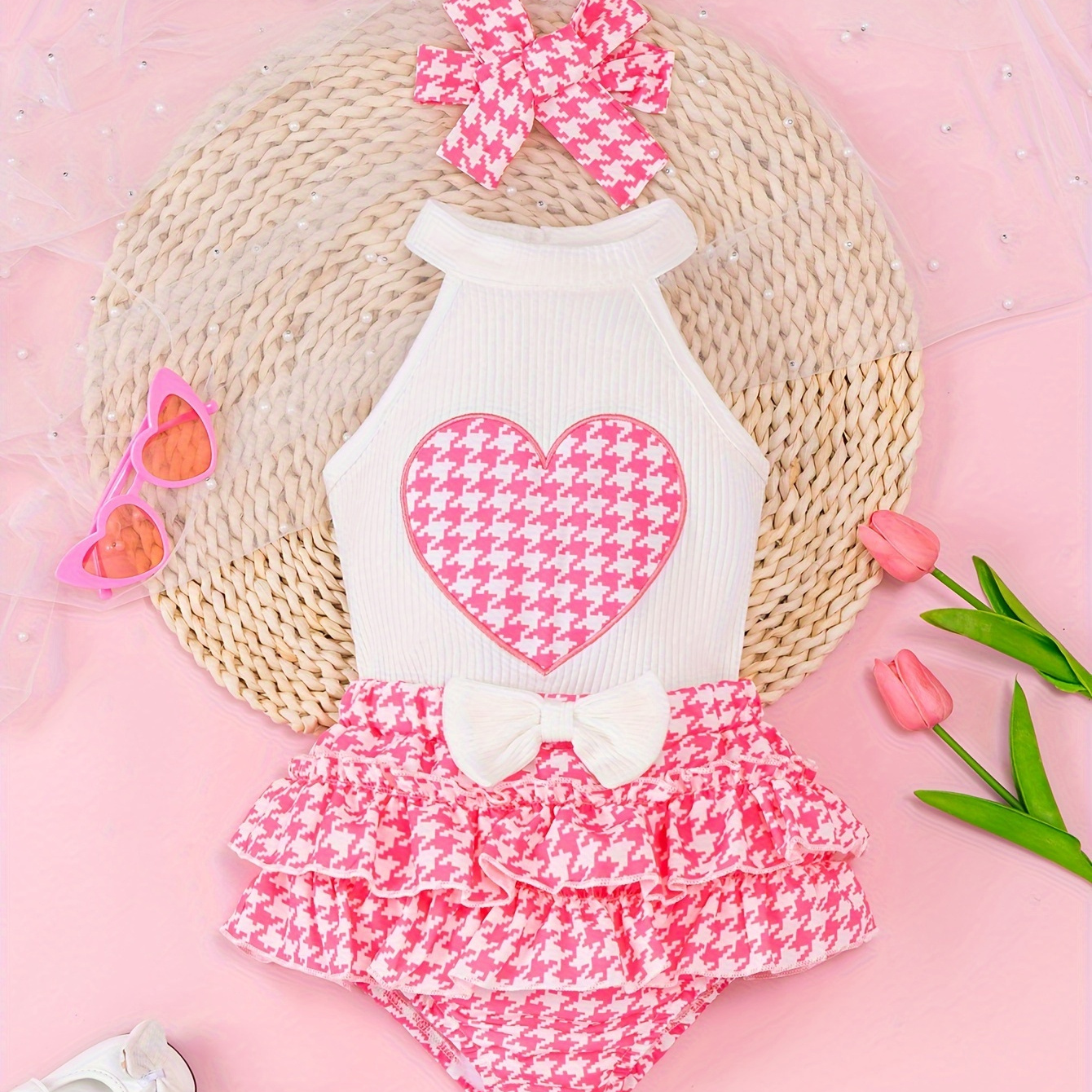 

2pcs Infant's Houndstooth Pattern Summer Outfit, Ribbed Halter Neck Top & Tutu Skirt, Baby Girl's Clothes