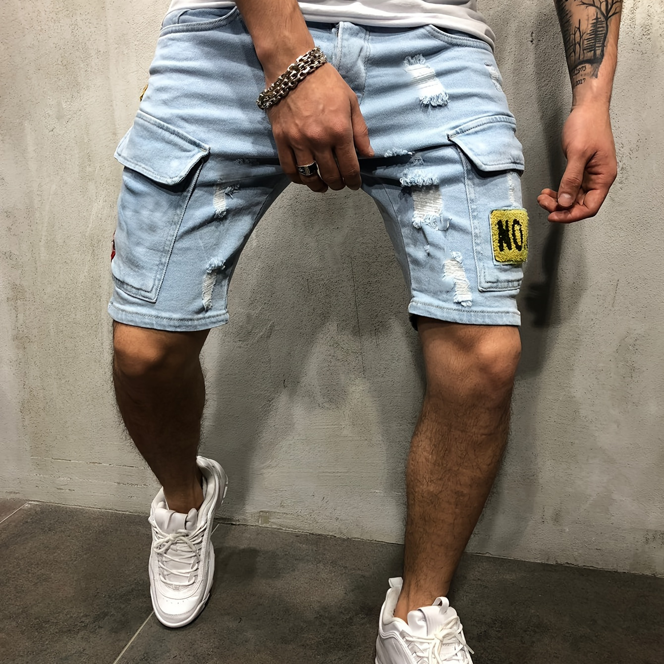 

Modern Ripped Denim Shorts, Man's Casual Mid Stretch Flap Pockets Shorts For Spring Summer Hiking Outdoor Activities Jorts, Bermuda Shorts