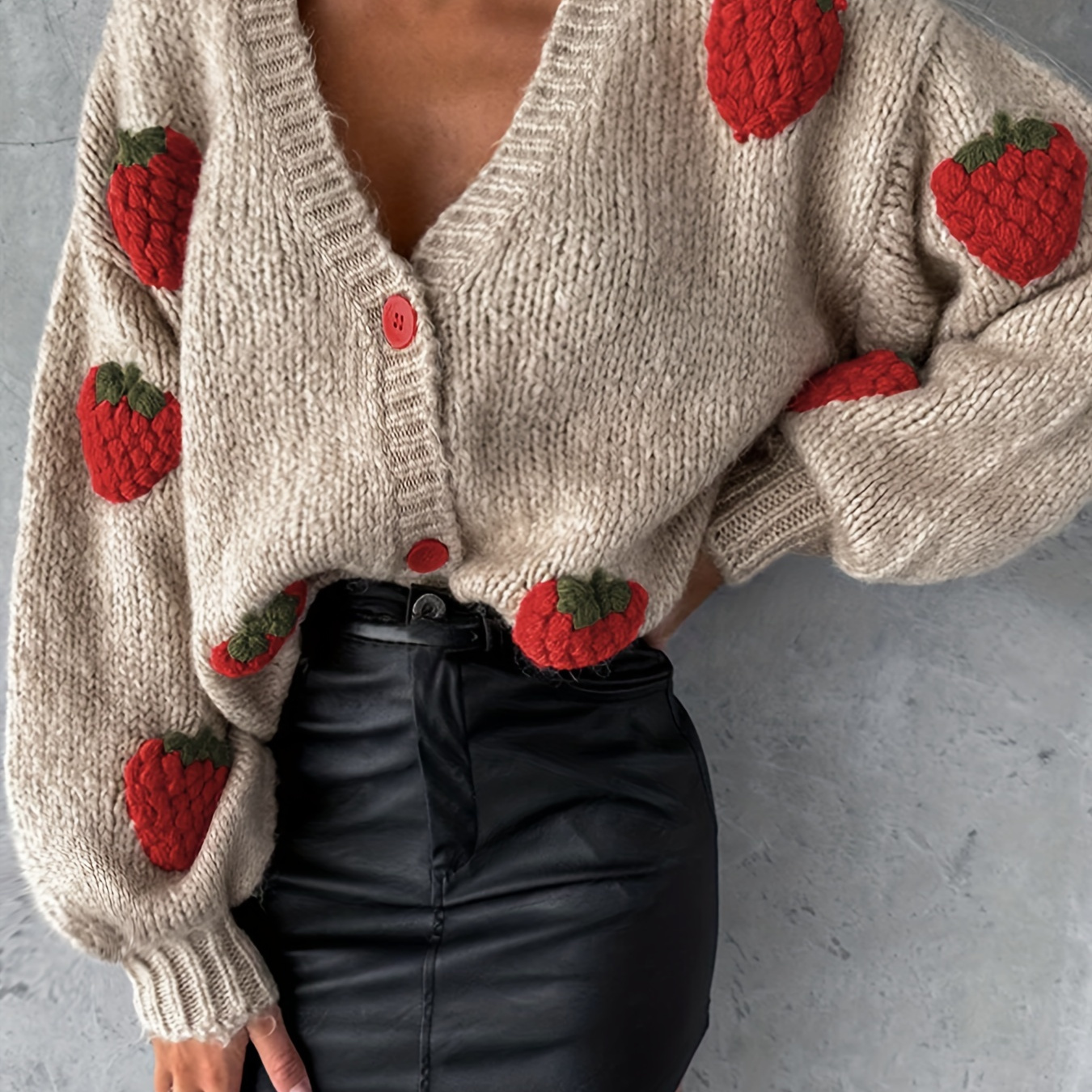 

Women's Casual V-neck Knitted Sweater Cardigan With 3d Strawberry Embellishments, Polyester Buttoned Long Sleeve Open-front Sweater For Fall/winter