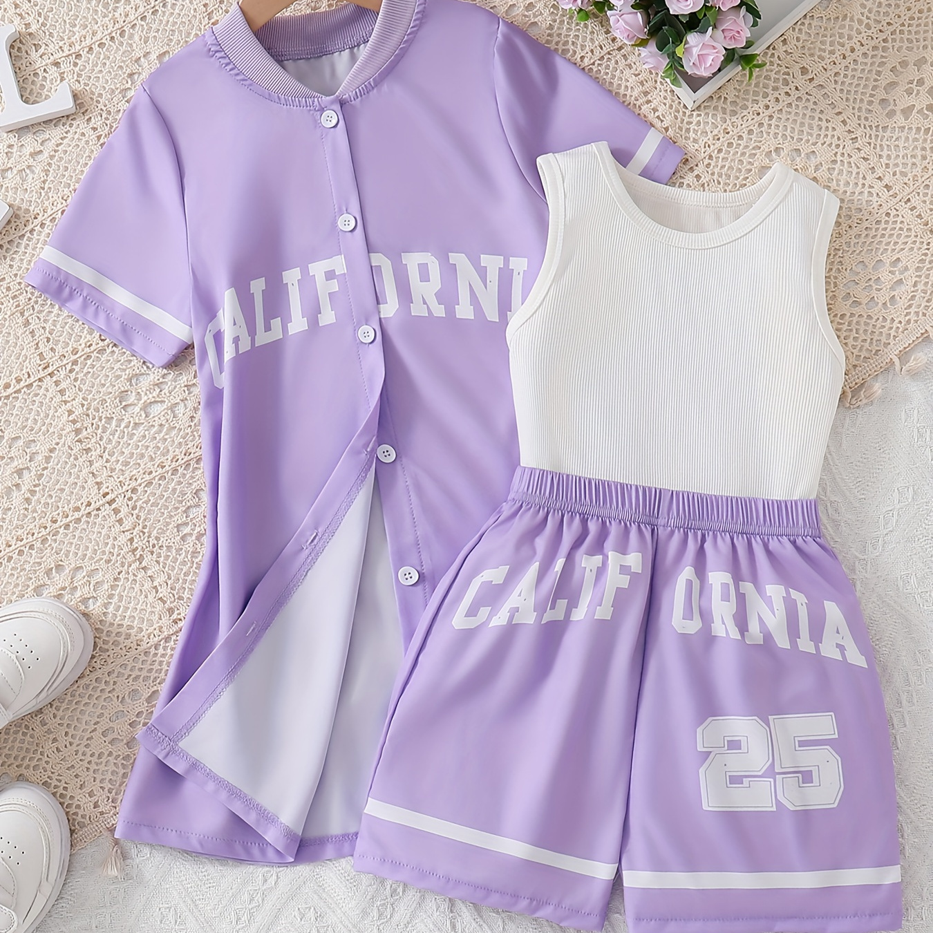 

California Print Girls Sporty Outfit Sleeveless Top & Shorts & Cardigan T-shirt Set, Girls 3pcs Summer Clothes