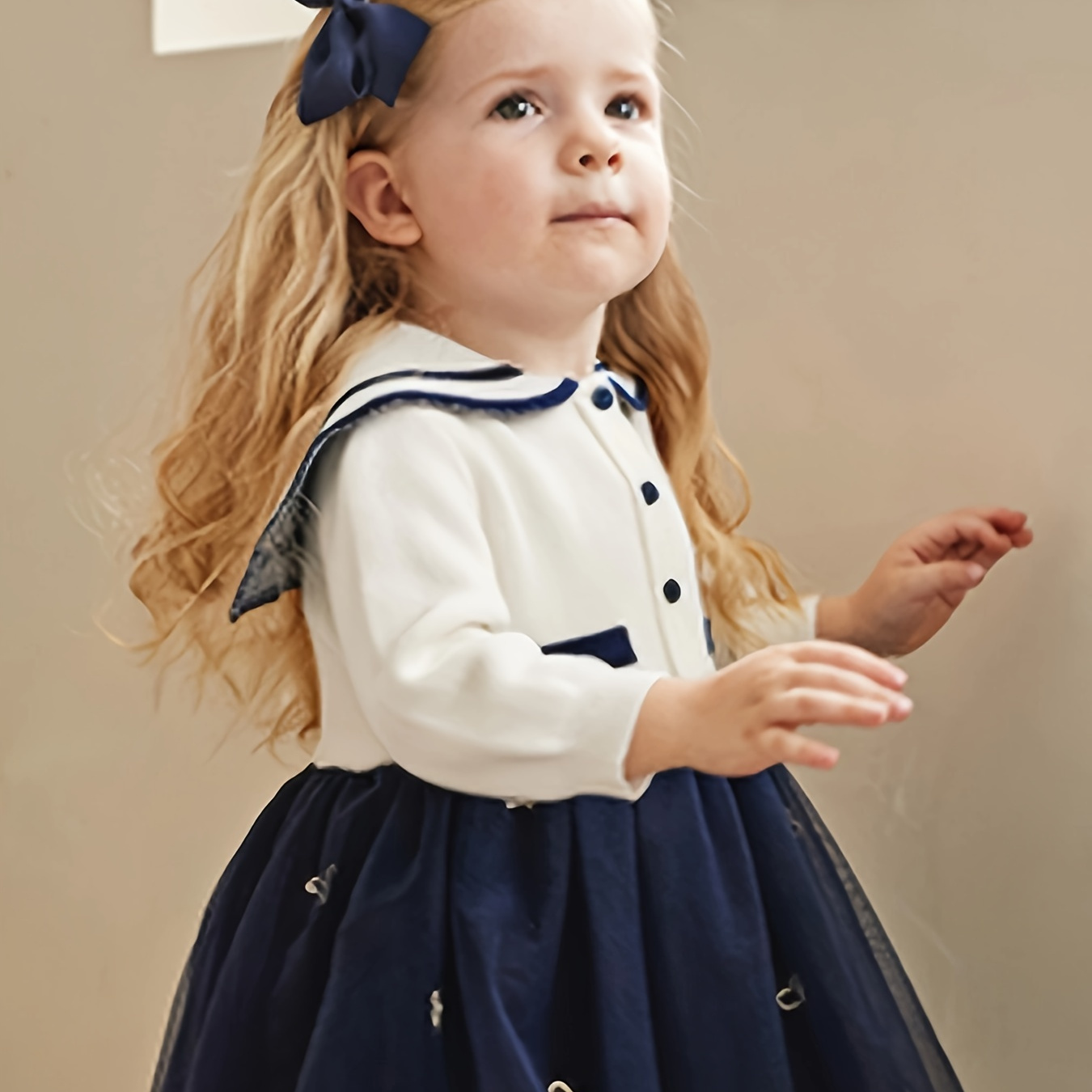 

Dave&bella Girls Cute & Stylish Preppy Style Sailor Collar Long Sleeve Button Up Cotton Mesh Tutu Dress For Spring & Fall