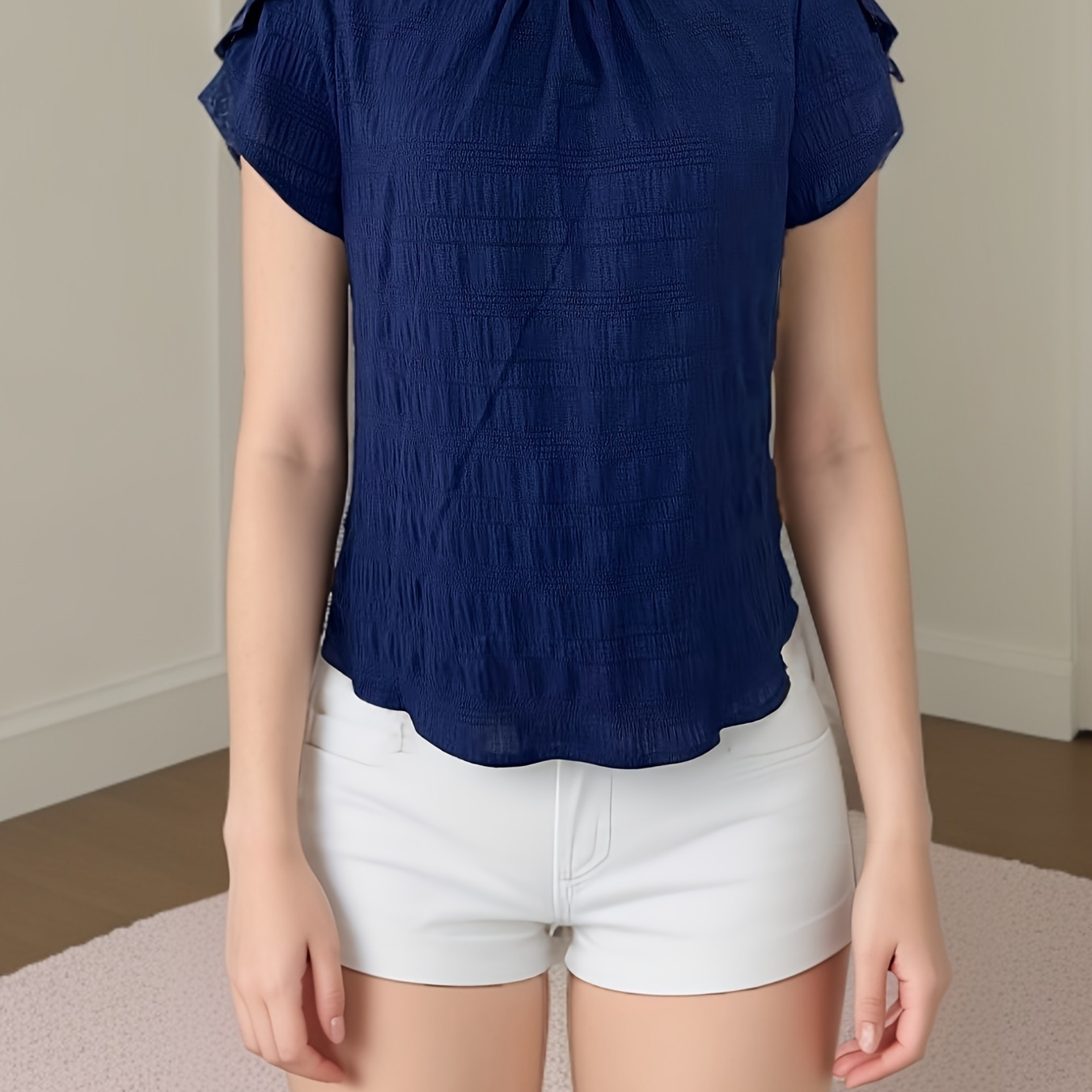 

Textured Solid Color Ruched Front Blouse, Elegant Petal Sleeve Blouse Top For Spring & Summer, Women's Clothing