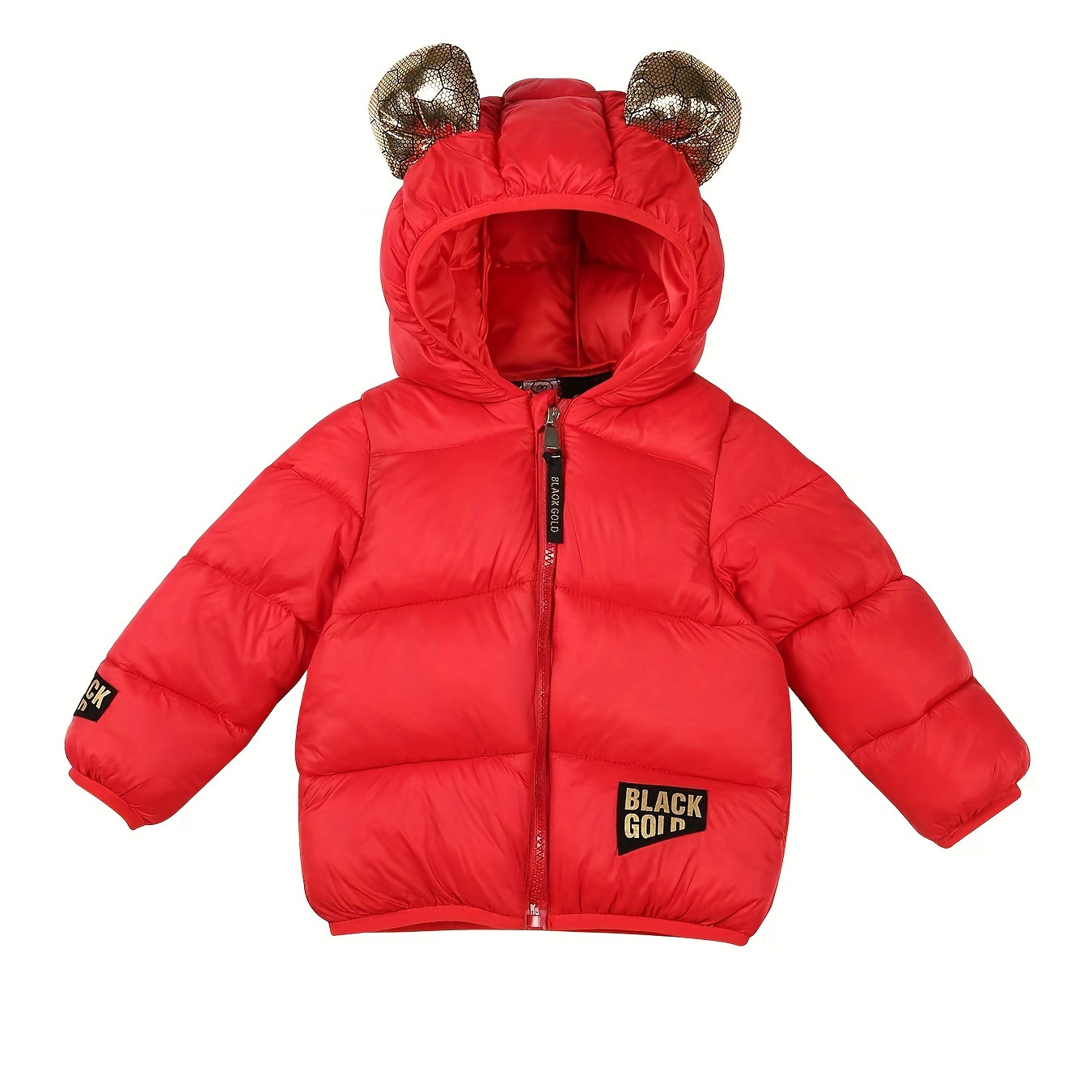 

Kid's Warm Letter Pattern Hooded Jacket With Cute Ears, Zip Up Padded Coat, Boy's Clothes For Winter Outdoor, As Gift