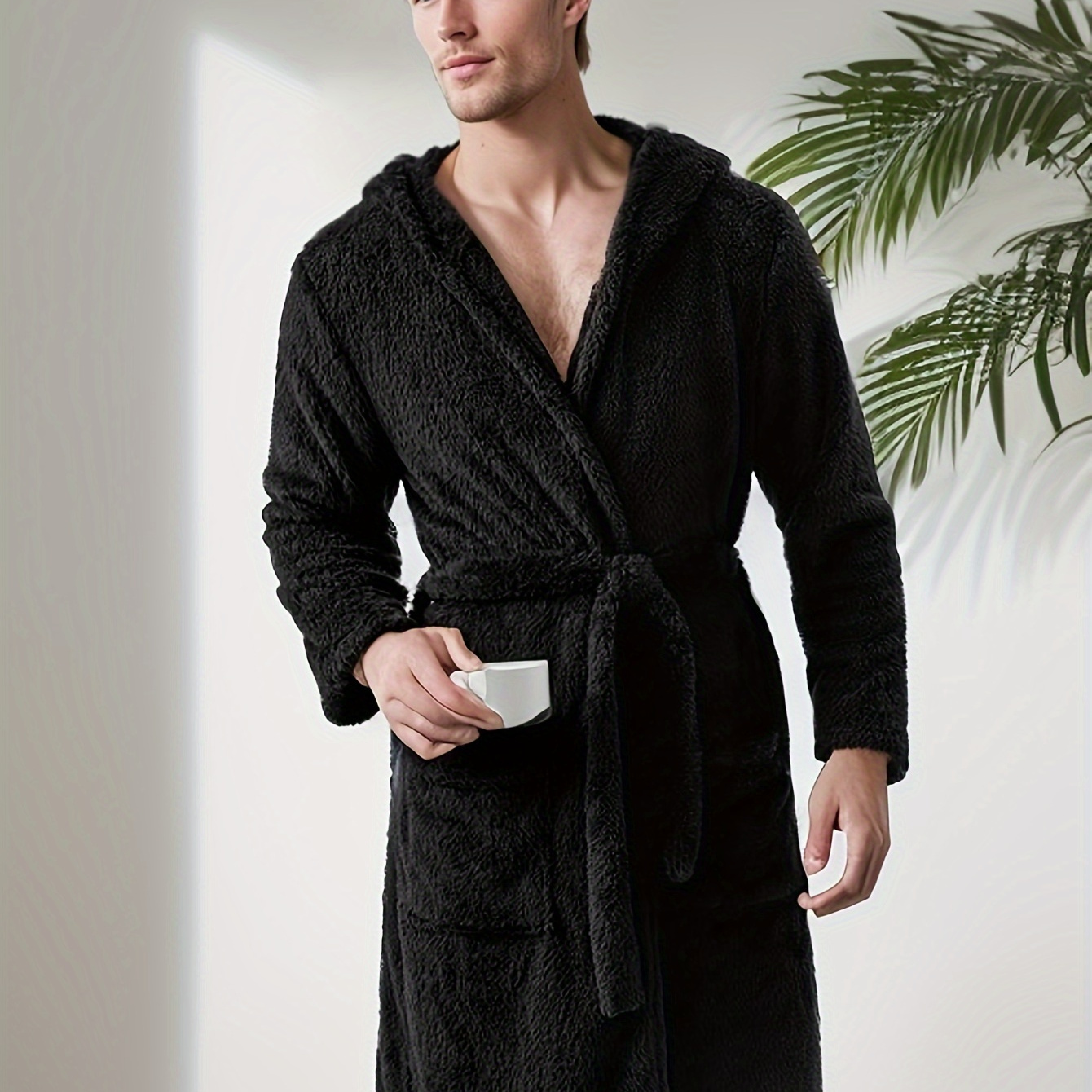 

Men's Cozy Fleece Hooded Robe - Soft Polyester, Machine Washable, Solid Color With Pockets - Winter