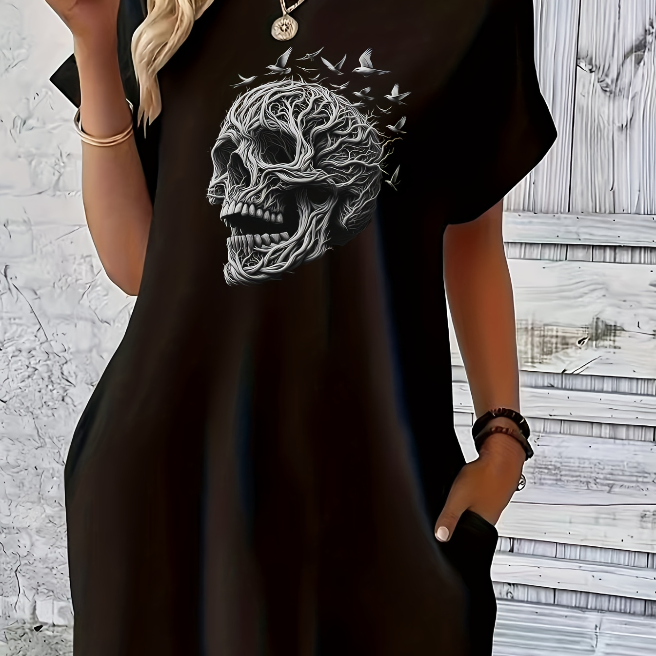 

Skull Print Tee Dress, Short Sleeve Crew Neck Casual Dress For Summer & Spring, Women's Clothing