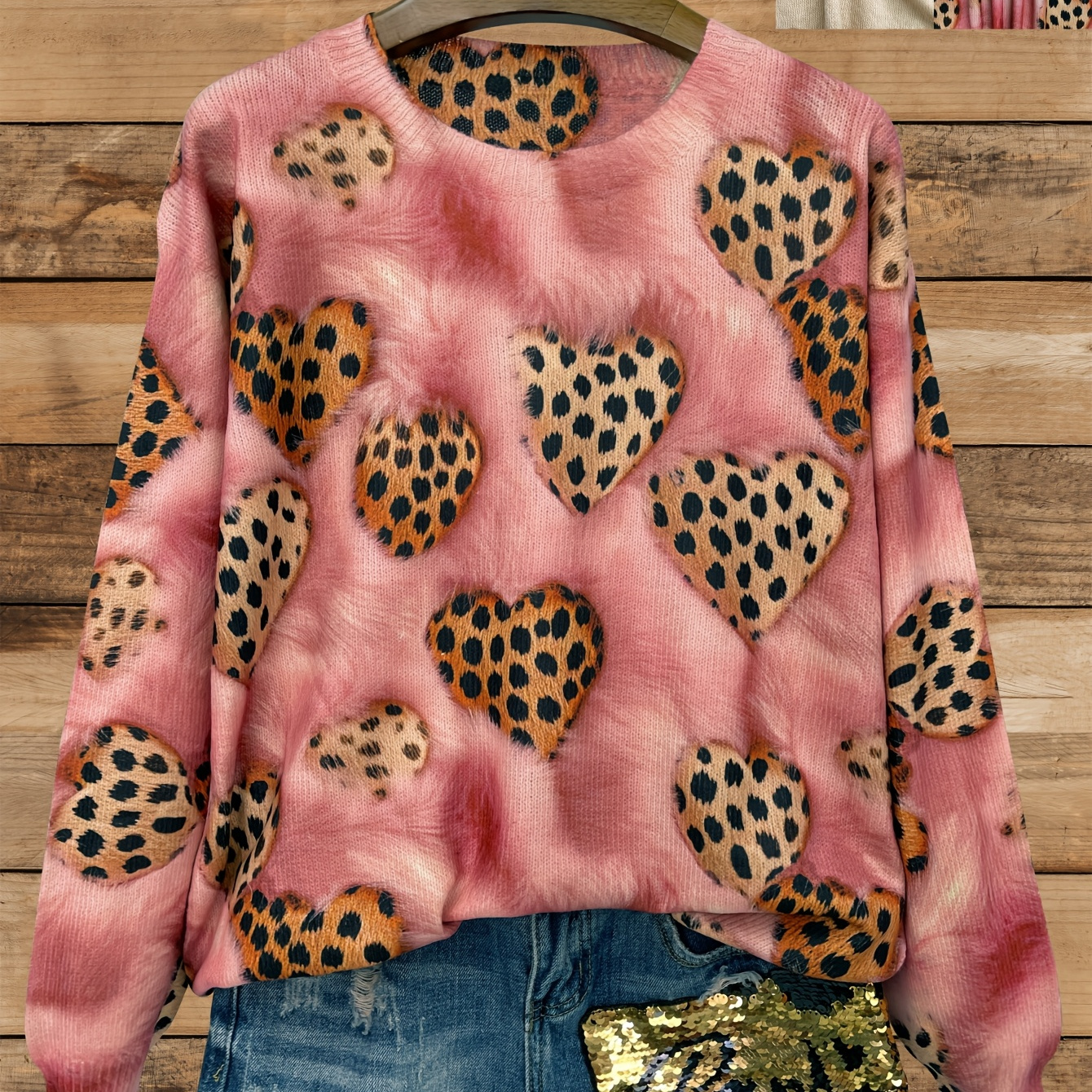 

Heart Pattern Crew Neck Sweater, Casual Long Sleeve Sweater For Fall & Winter, Women's Clothing