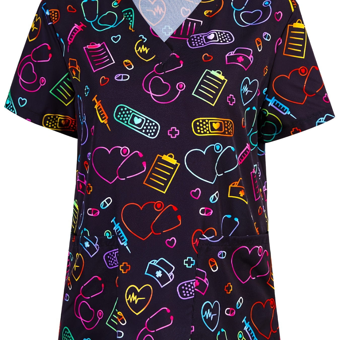 

Heart Print V Neck Scrub Tops, Elegant Short Sleeve Patched Pockets Nurse Uniform, Women's Clothing