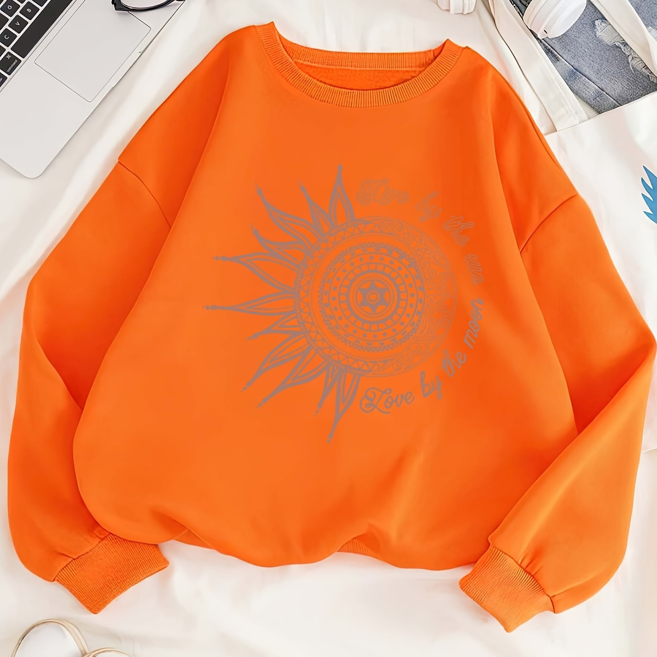 

1pc Women's Casual Round Neck Sweatshirt With Sunflower And Mandala Print, Polyester Knit Pullover For Autumn/winter