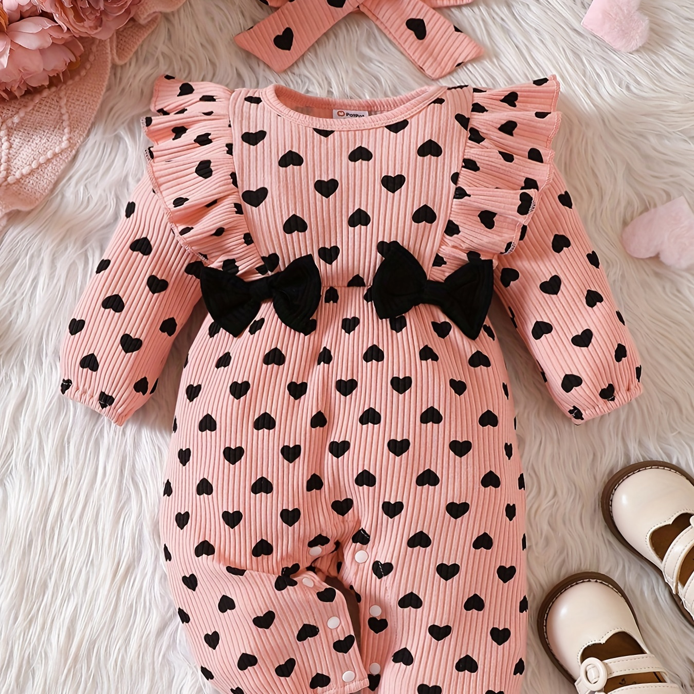 Infant Baby Girl Cute Love Graphic Ruffle Long Sleeve Jumpsuit, Newborn Bow Romper