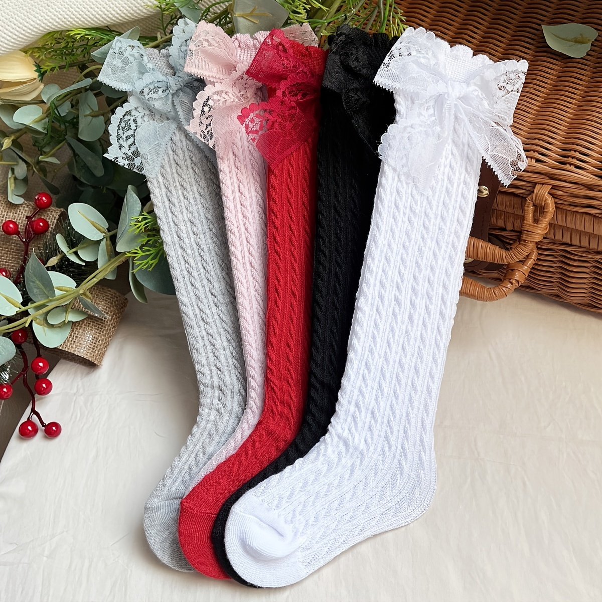 

5 Pairs Of Girl's Solid Bow Striped Knee High Knitted Socks, Breathable Comfy Long Stockings, Children's Trendy Socks Daily Wear