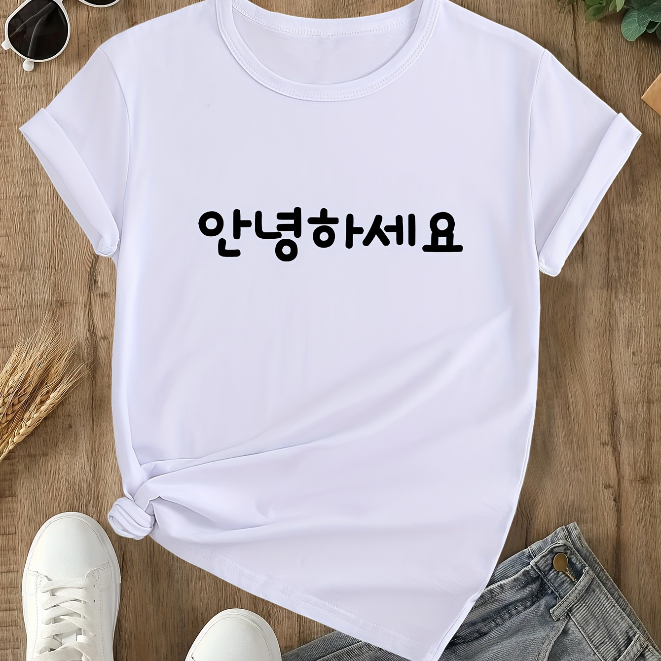 

Korean Hello Graphic Casual T-shirt, Round Neck Short Sleeves Comfy Tops, Women's Versatile Tee