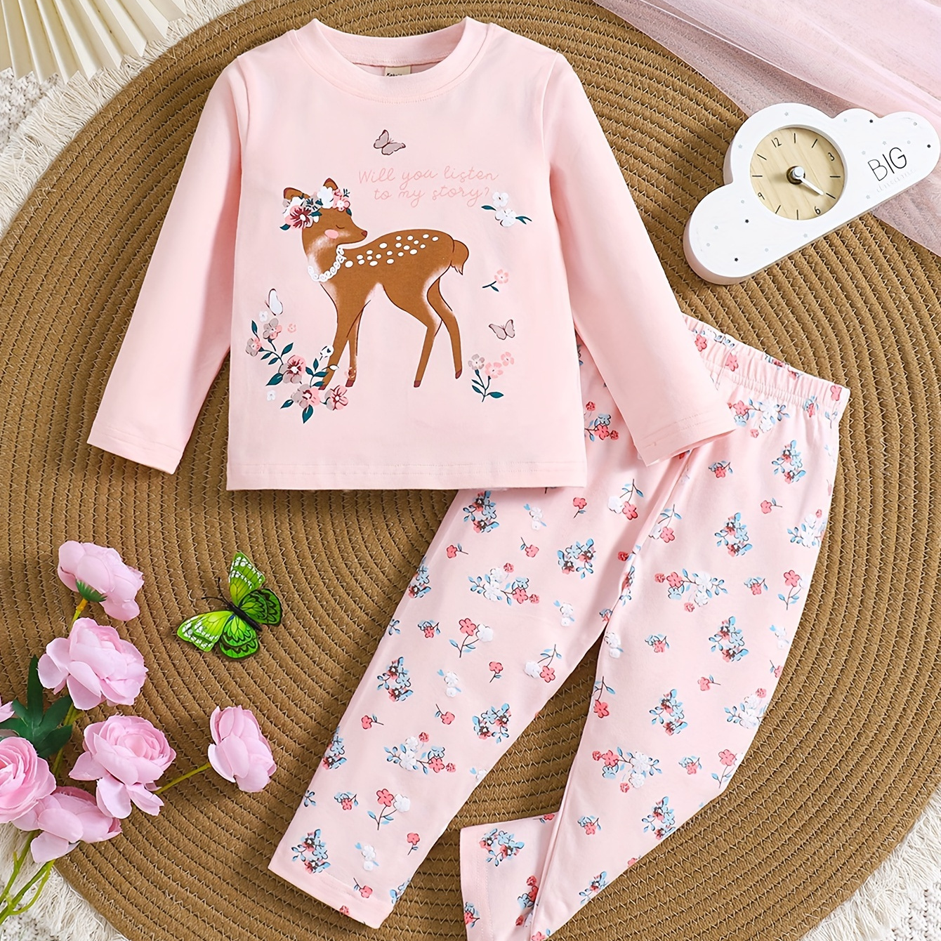 

Toddler Girls Cute Deer Overall Floral Print Pajama Set Long Sleeve Crew Neck Comfy Loungewear For All Seasons