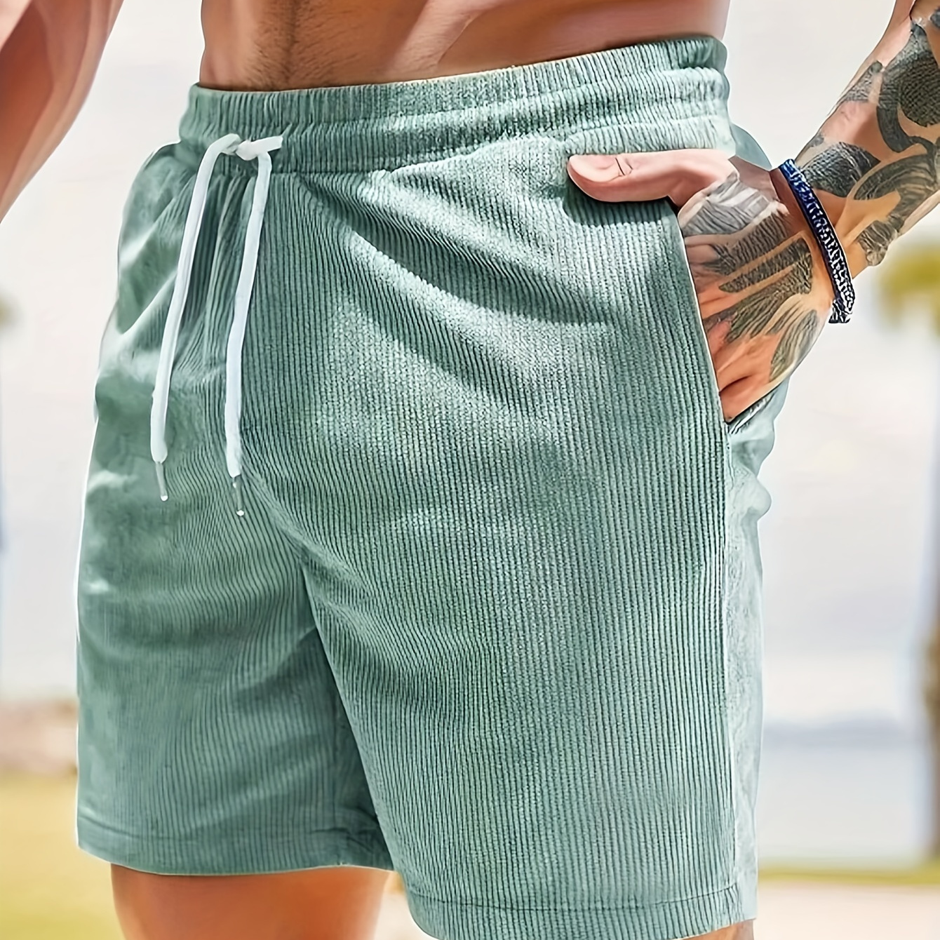 

Men's Solid Corduroy Shorts With Pockets, Casual Elastic Waist Drawstring Shorts For Summer