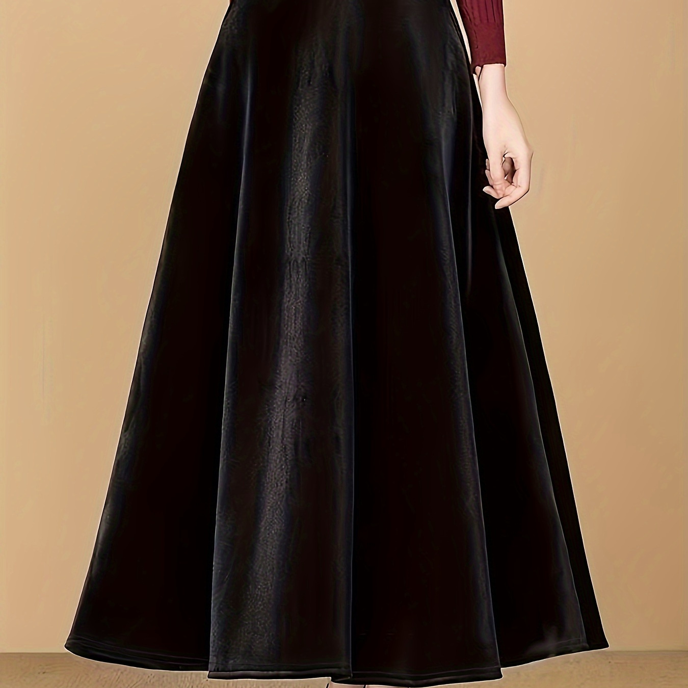 Plus Size Elegant Skirt, Women's Plus Solid Velvet Elastic High Rise Swing Maxi Skirt