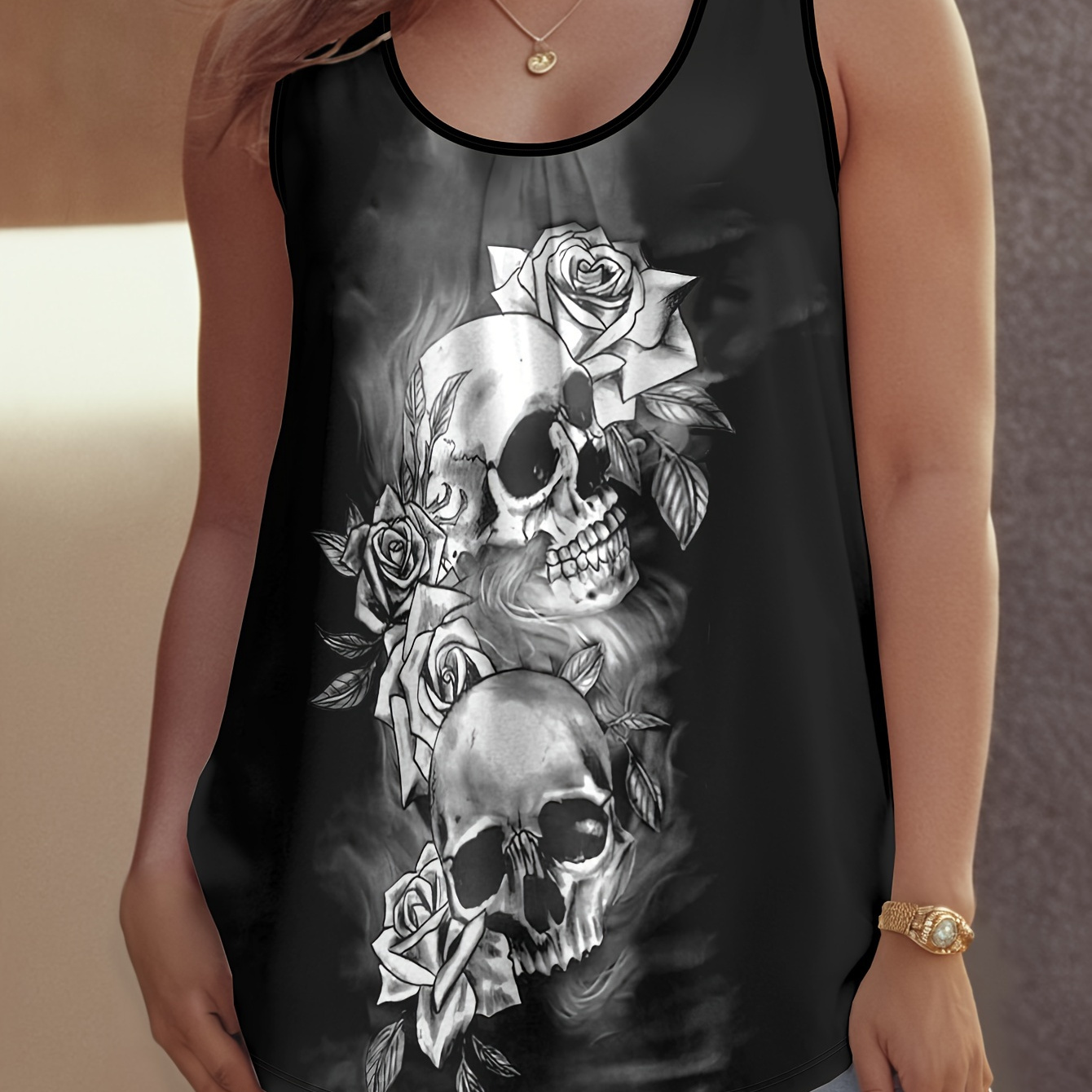 

Plus Size Skull Print Crew Neck Tank Top, Casual Sleeveless Tank Top For Spring & Summer, Women's Plus Size Clothing