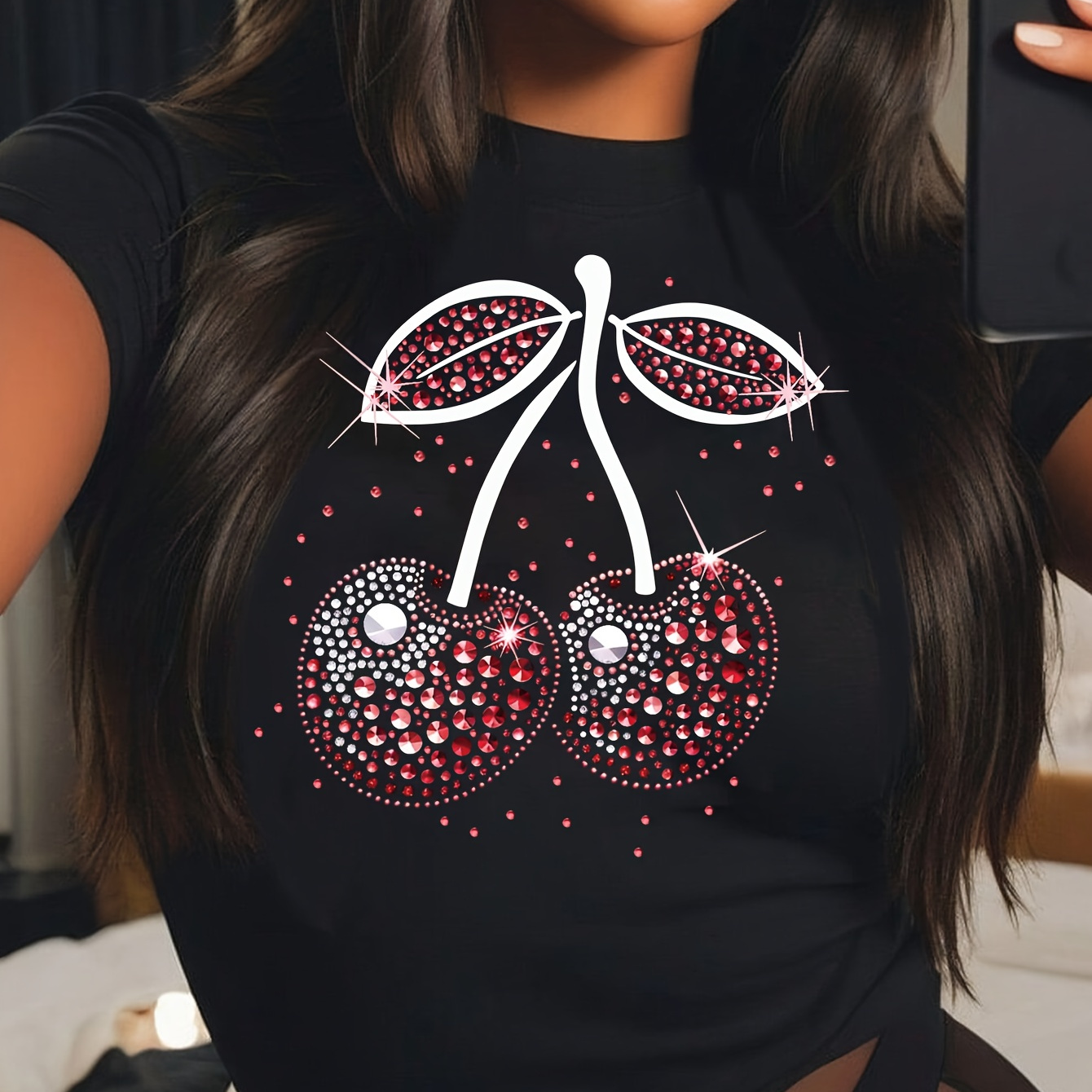 

Y2k Cherry Print T-shirt, Short Sleeve Crew Neck Casual Top For Summer & Spring, Women's Clothing