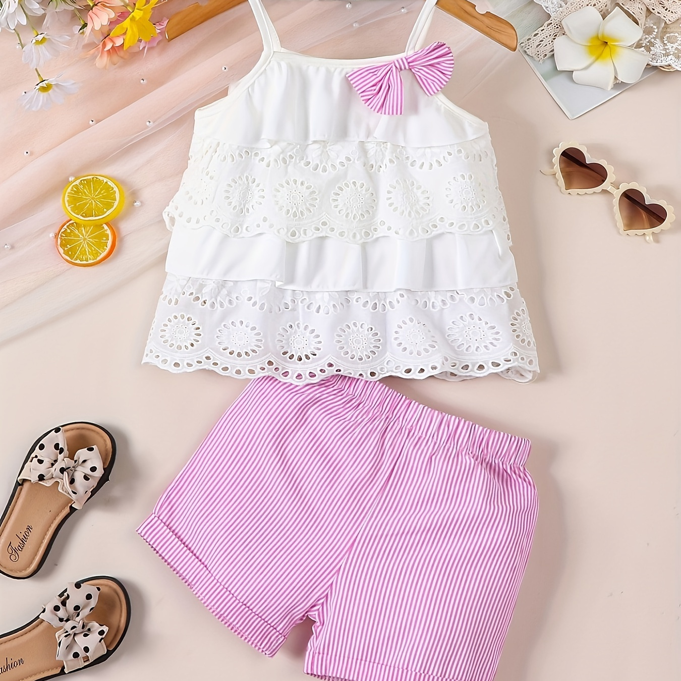 

2pcs Infant & Toddler's Lovely Summer Set, Schiffy Layered Cami Top & Shorts, Baby Girl's Clothes