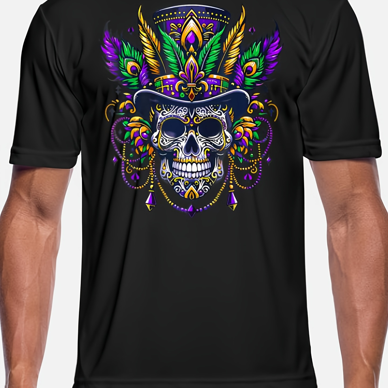 

1pc, Mardi Gras Skull Top Hat New Orleans Print T-shirt, Street Short Sleeve Cotton T-shirt, Casual Short Sleeve Top, Men's Clothing, Men's Personality, , Christmas Gifts, Holiday Gifts