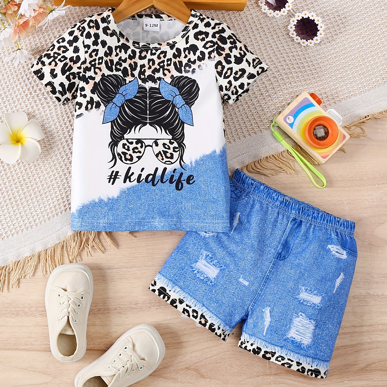 

Baby's Leopard & Faux Denim Pattern Stitching 2pcs Trendy Summer Outfit, Cartoon Portrait Print T-shirt & Casual Shorts Set, Toddler & Infant Girl's Clothes For Daily/holiday, As Gift