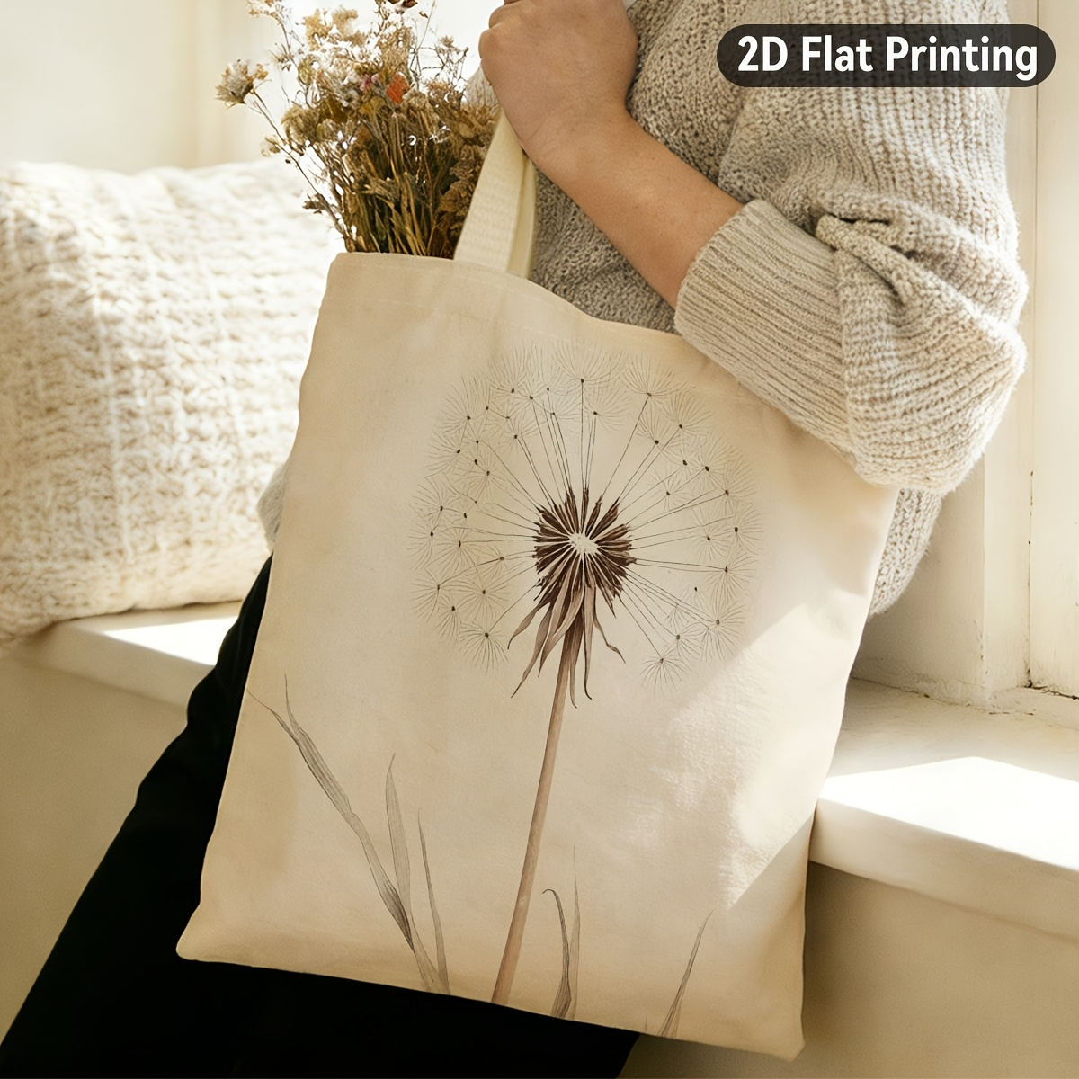 TEMU 1pc Minimalist Dandelion Tote Bag - Tote Suitable For Grocery Shopping, Beach Trips & Commuting, With Delicate Dandelion Puff Print, Carry, Hand