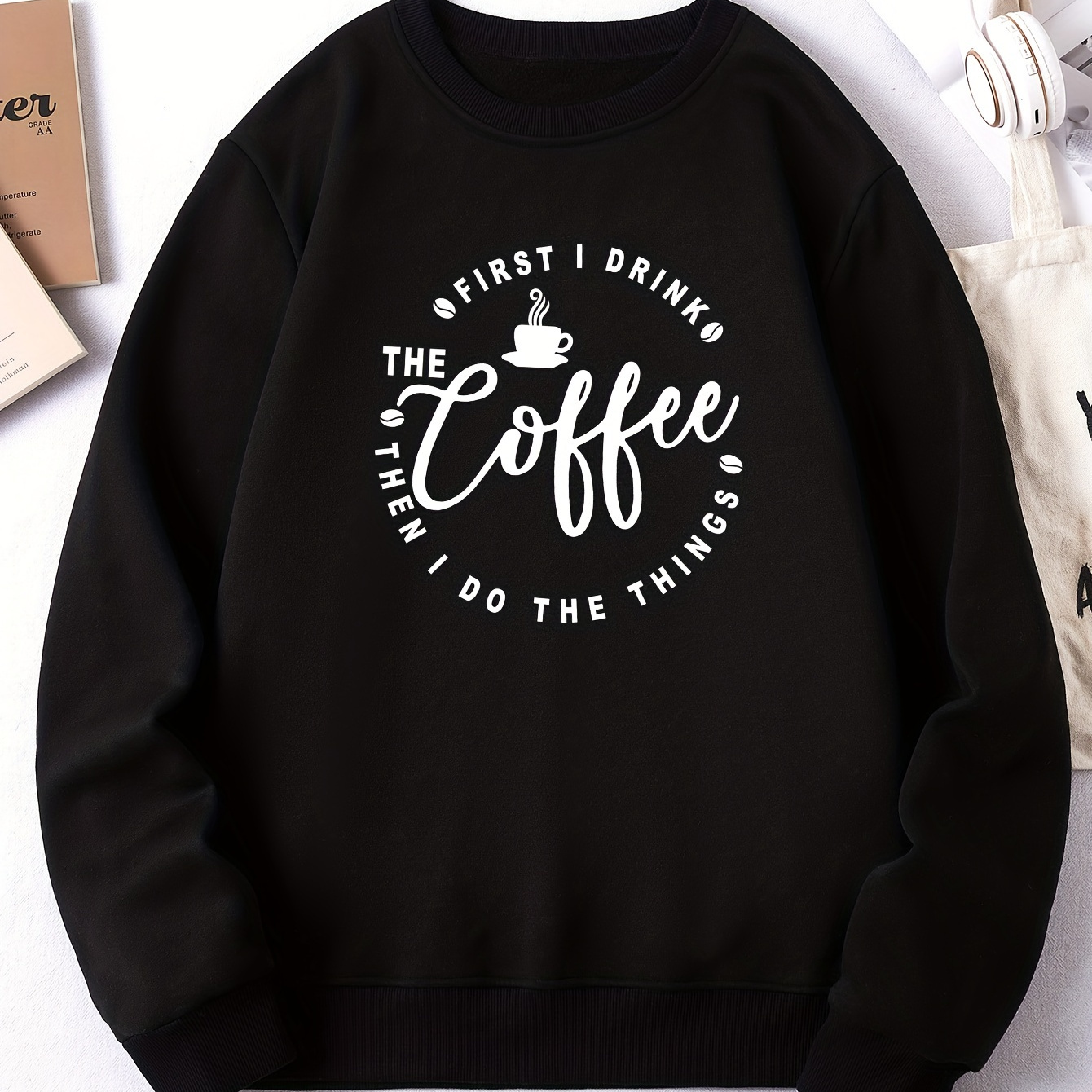 

Coffee & Letter Print Pullover Sweatshirt, Casual Long Sleeve Crew Neck Sweatshirt, Women's Clothing