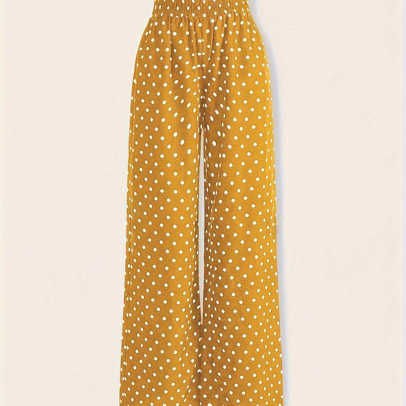 

Polka Dot Print Shirred Waist Pants, Elegant Straight Leg Pants For Spring & Summer, Women's Clothing