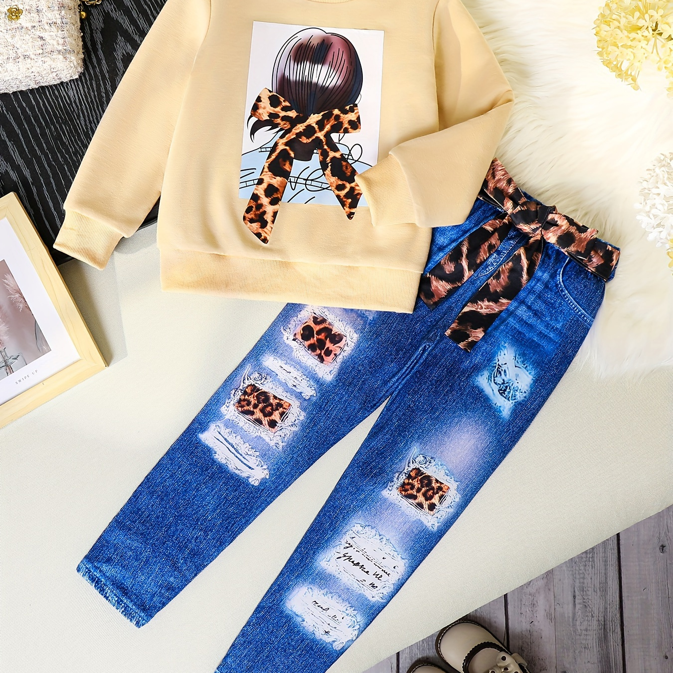 

2 Pcs Headband Pattern Long Sweatshirt Top + Leggings Girl's Set, /fall Outfit Clothes