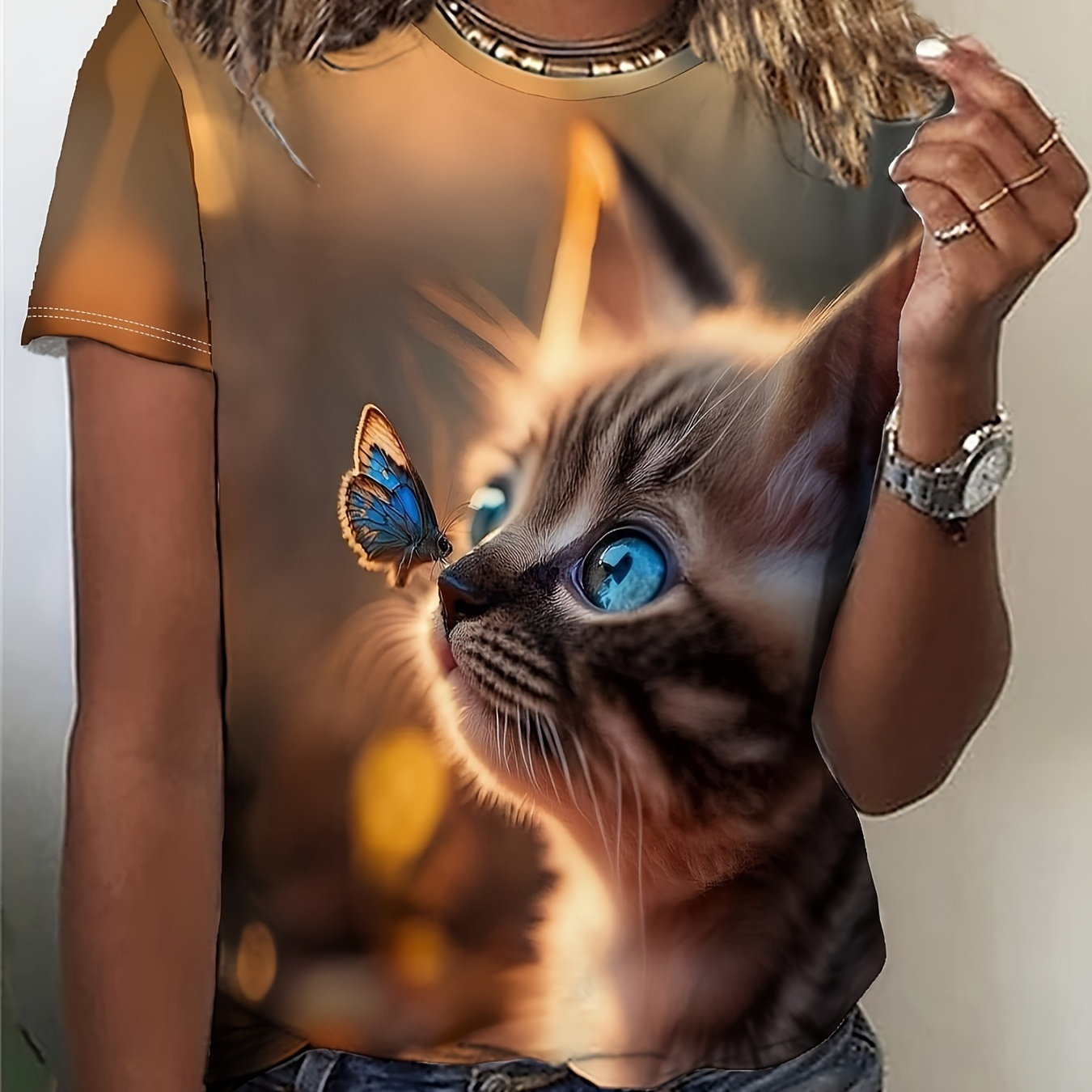 

T-shirt À Col Rond Imprimé Papillon Et Chat, T-shirt Décontracté À Manches Courtes Pour Le Printemps Et L'été, Vêtements Pour Femmes