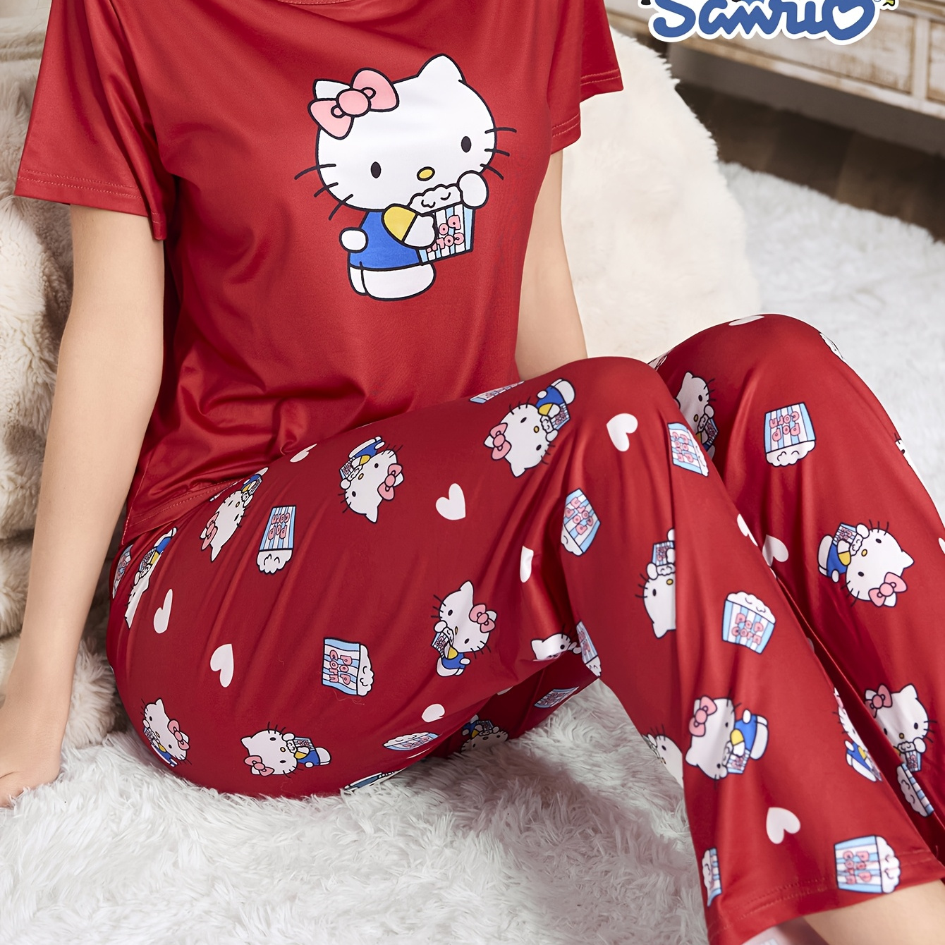 

Sanrio Hello Kitty Women's Pajama Set Red Print Round Neck Short Sleeve And Long Pants With Cute Cartoon Bow Print And Comfortable