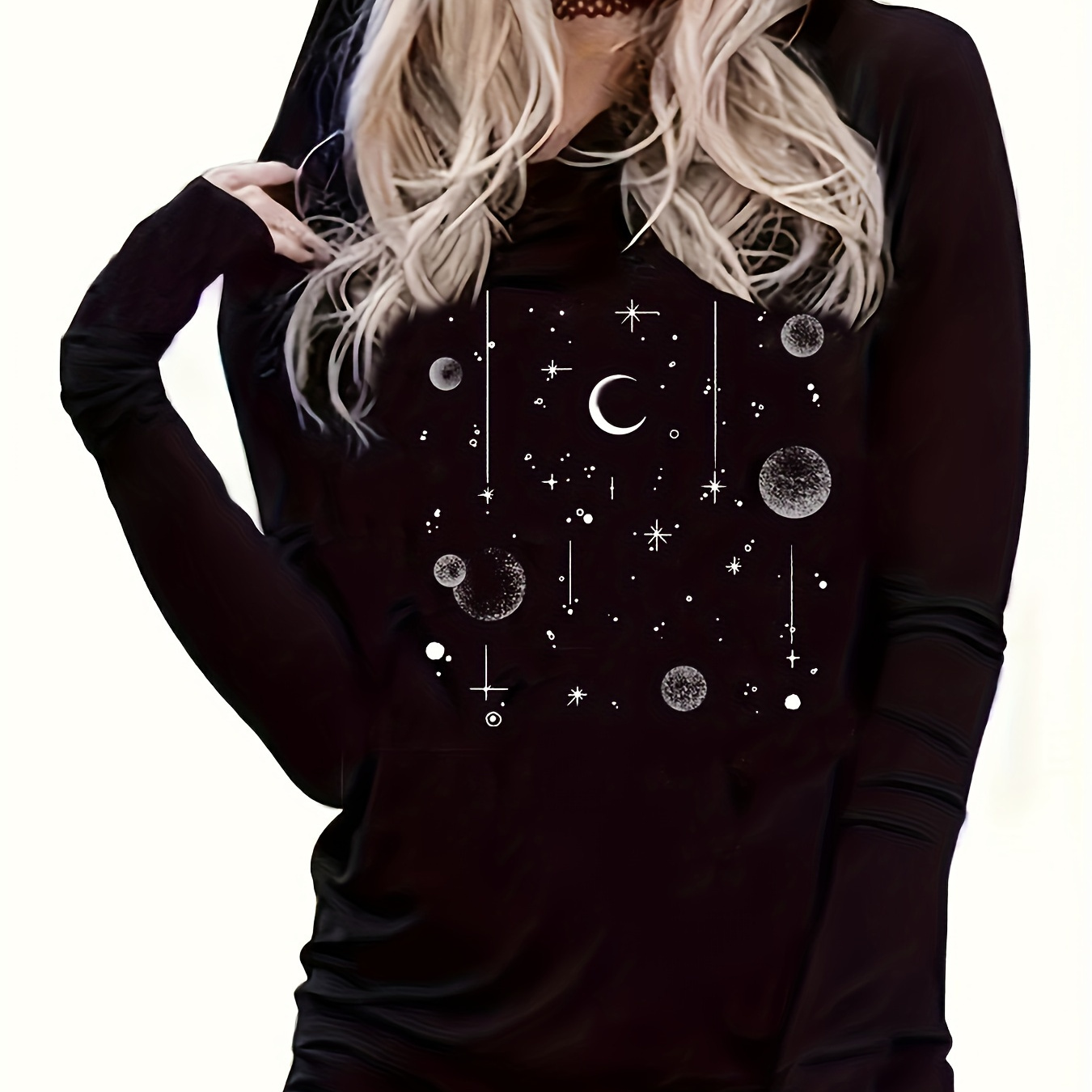 

T-Shirt à Capuche et Manches Longues pour Femme, Haut Décontracté avec Imprimé Soleil Étoile, Pull Élégant, Motif Étoiles