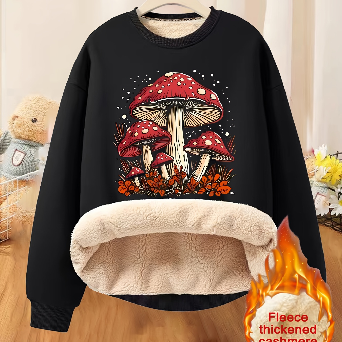 

Orientation - New Autumn And Winter Women's Clothing With Code, Mushroom Pattern, Fleece Thickened Warm Top, Fashionable Round Neck Regular Casual Sweatshirt