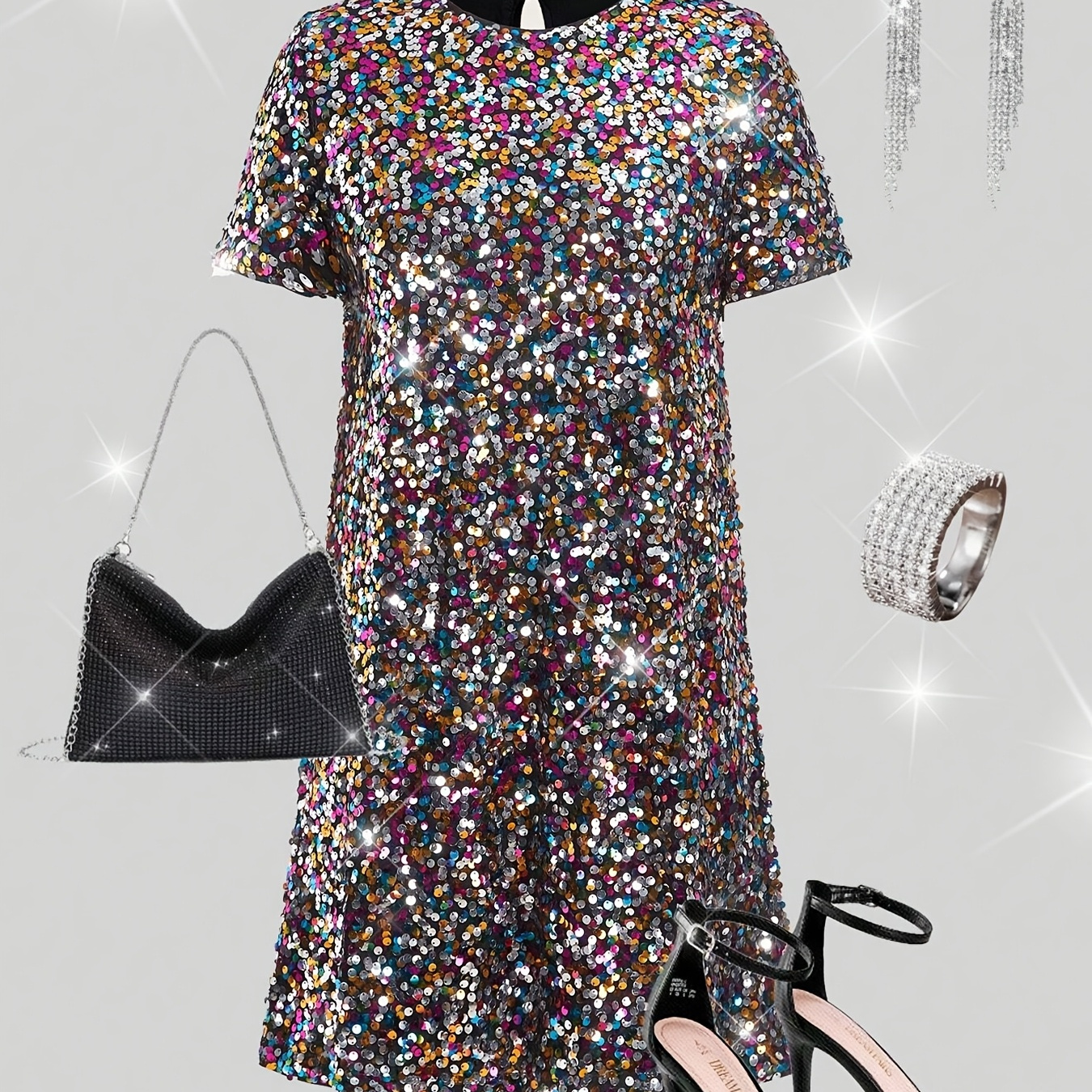 

Elegant Polyester Sequined Tunic Dress - Crew Neck, Short Sleeve, Knee High, Loose Fit, Straight Hem, No Padding, Summer Knit Fabric