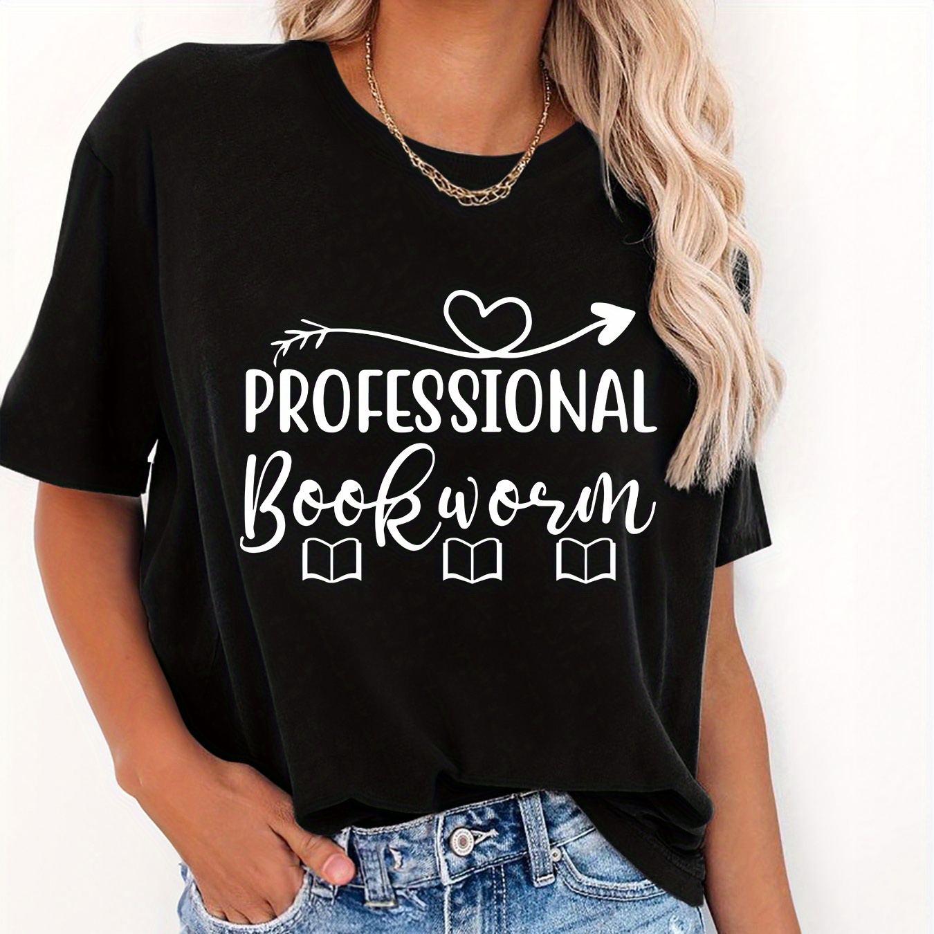 

Professional Book Worm Print T-shirt, Short Sleeve Crew Neck Casual Top For Summer & Spring, Women's Clothing