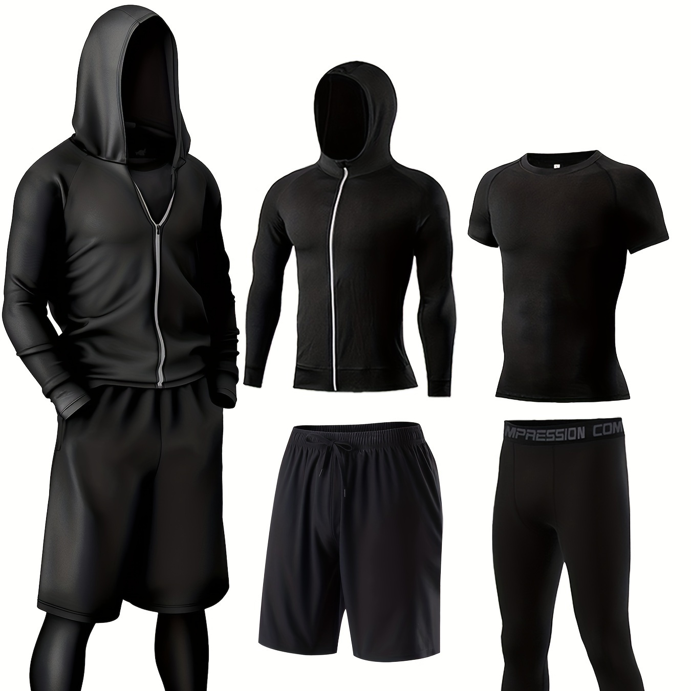 TEMU 4-piece Men's Athletic Set - Breathable Quick-dry Sportswear, Running Gym Cycling Outfit, Casual Comfort Fitness Apparel With Hoodie, Jacket, Shorts & Leggings