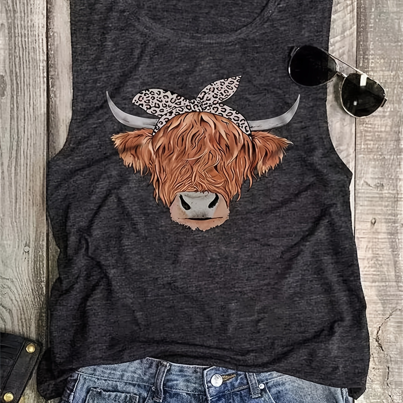 

Cow Head Print Tank Top, Sleeveless Crew Neck Tank Top, Casual Every Day Tops, Women's Clothing