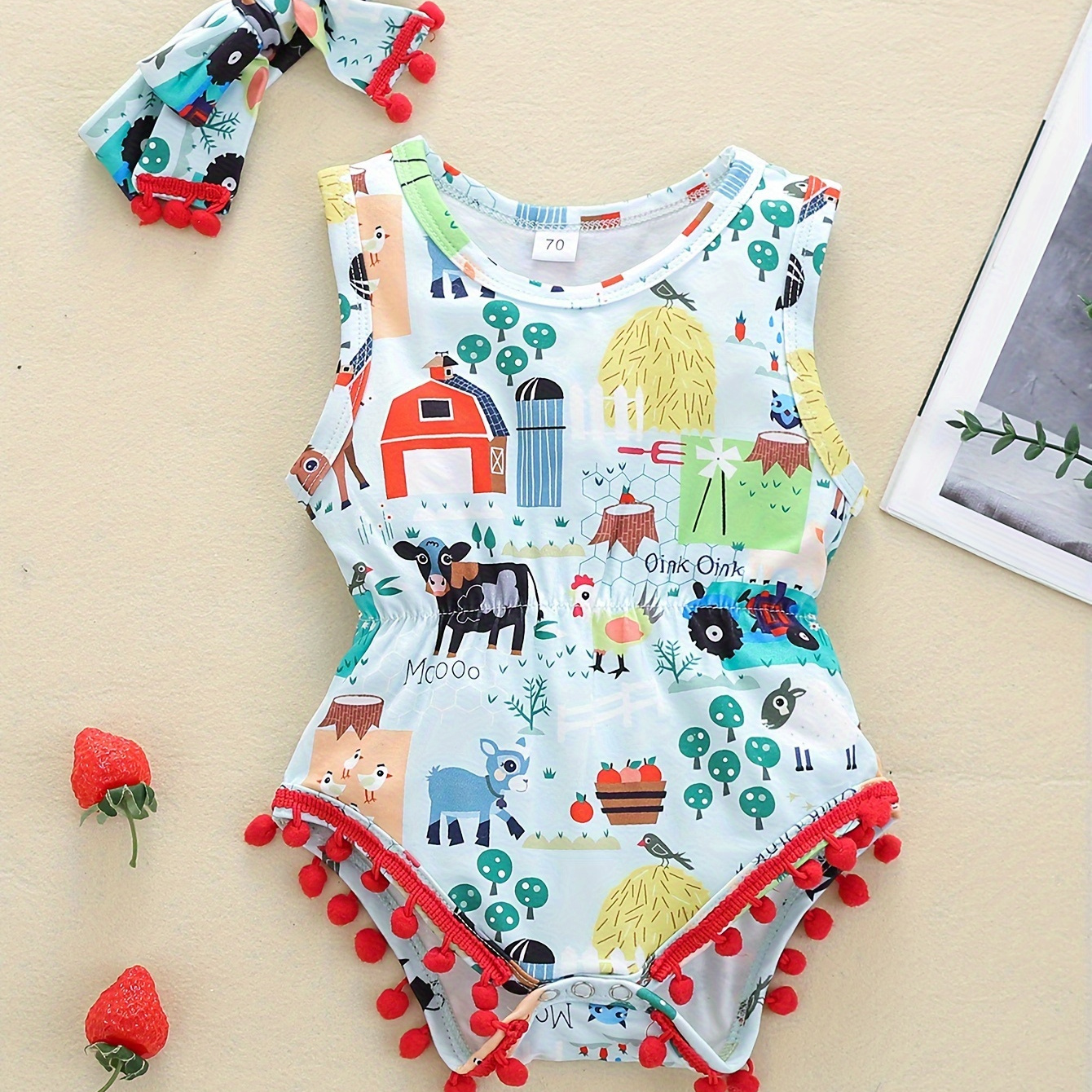 

Baby's Cartoon Farm Element Full Print Cotton Triangle Bodysuit & Headband, Casual Pom-pom Trim Sleeveless Romper, Toddler & Infant Girl's Onesie For Summer, As Gift