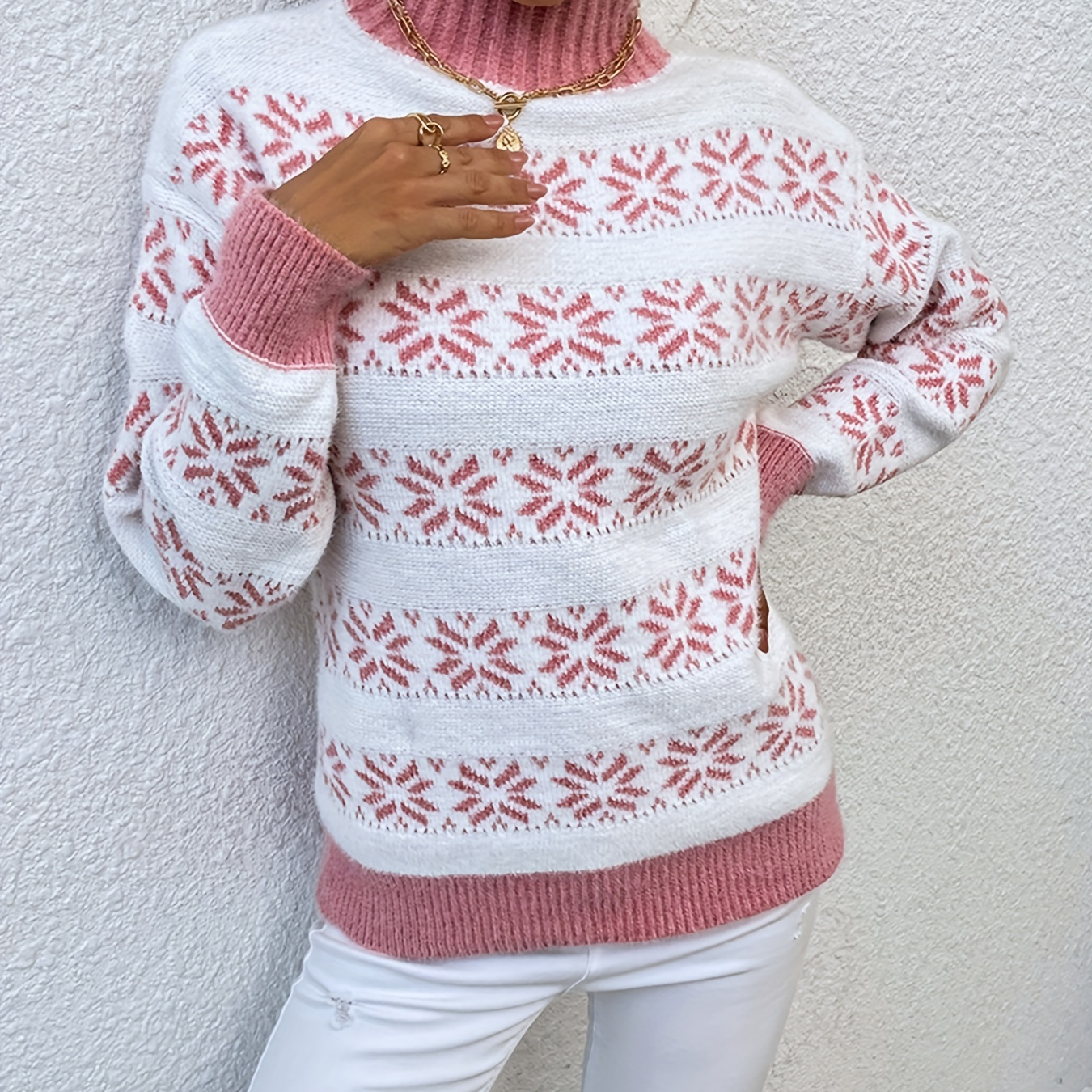 

Christmas Pattern Mock Neck Pullover Sweater, Casual Long Sleeve Sweater, Women's Clothing